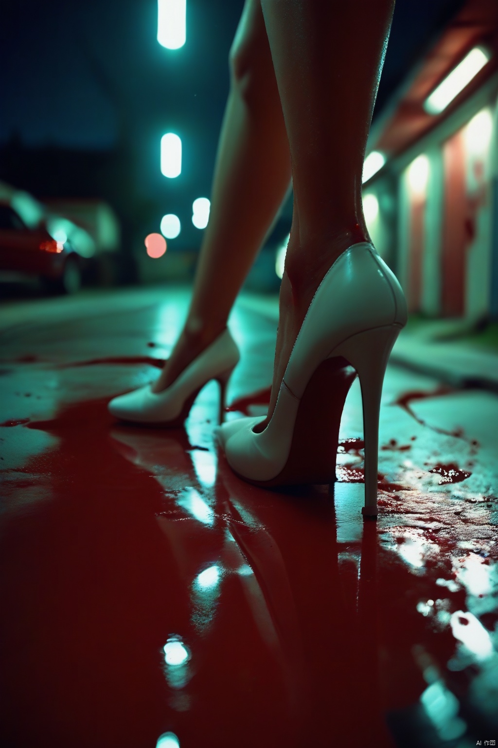 closeup, foot shot, high heels, 1girl, white footwear, night, reflection, pool of blood, garage light, blood splatter, shoes, blurry background, walking, depth of field,score_9 score_8_up score_7_up score_6_up, Huge breasts