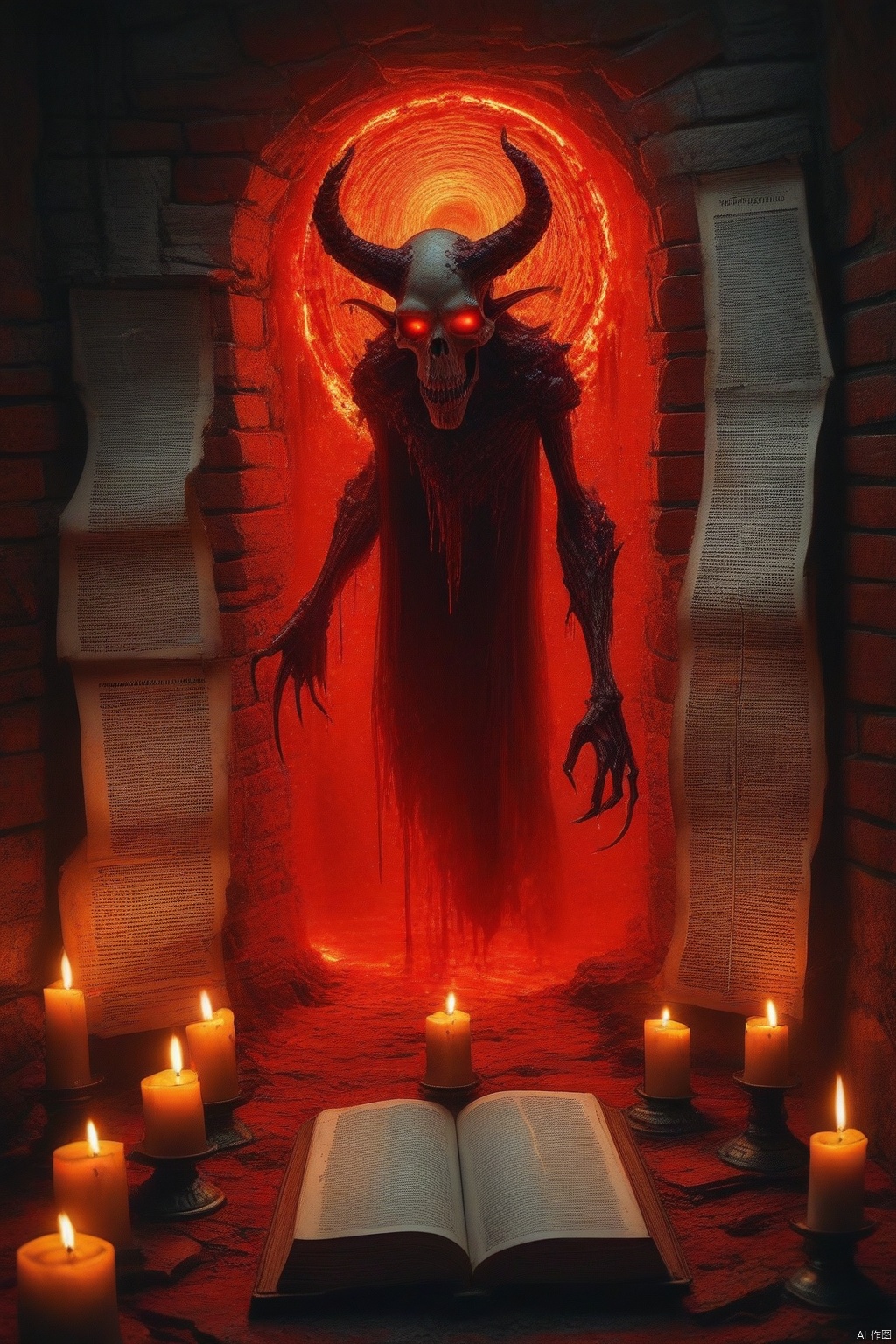 demon emerging from a portal from hell, bible pages and newspapered walls, candles burned down, wax dripping off brass candleholders, glowing red portal open in the jagged brick where the wall separated and the portal opened, dilapidated room, rubbish, dusty swathes of light beam from an off-screen source, horns, candle, blood, no humans, fire, monster, skull
Negative prompt: bad-picture-chill-75v
Steps: 20, Sampler: DPM++ 2M, Schedule type: Karras, CFG scale: 7, Seed: 3647258487, Size: 768x768, Model hash: 2a8a6bf20e, Model: Phantos0623.fp16, VAE hash: 735e4c3a44, VAE: VAE.safetensors, Denoising strength: 0.45, Hires upscale: 2, Hires upscaler: 4x_NMKD-Siax_200k, Pad conds: True, Version: v1.9.4,score_9 score_8_up score_7_up,, Huge breasts