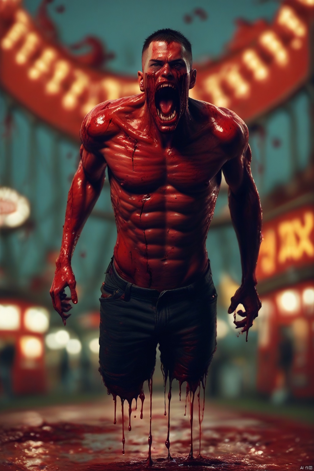 floating bloody torso, blood dripping, gore and blood oozes out of his lower torso, man, buzzcut hair, open mouth, teeth, dark eyes, blurry amusement park in hell background, abs, pecs,score_9 score_8_up score_7_up,, Huge breasts