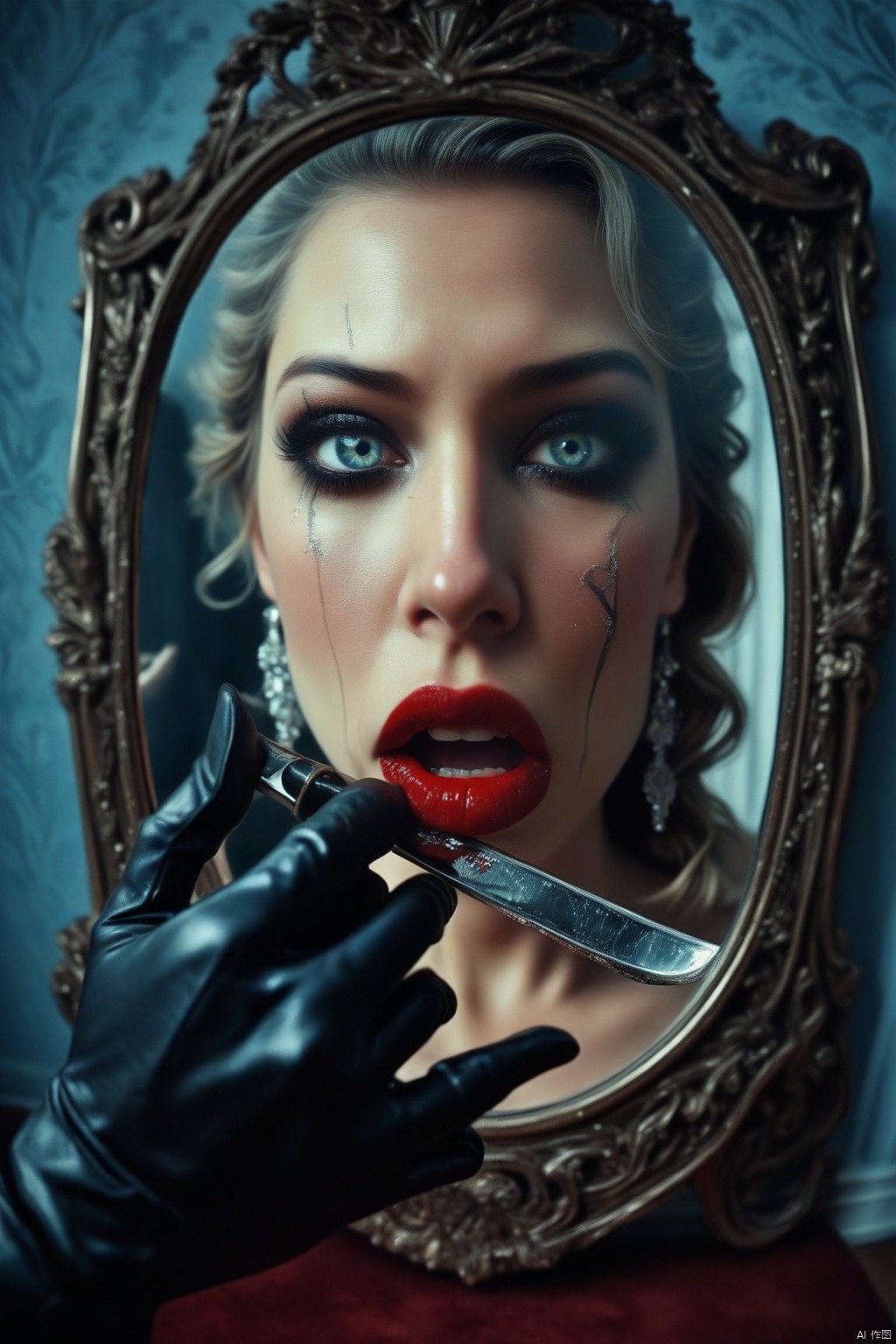 score_9, score_8_up, score_7_up, score_6_up, A dimly lit dressing room, bathed in an eerie giallo-esque red and blue lighting. A glamorous actress, frozen in fear, applies lipstick in a
baroque mirror. Behind her, partially obscured by ornate costumes, lurks a shadowy figure in black leather gloves, wielding a gleaming
straight razor. Vintage makeup items scattered across an antique vanity. Distorted reflections in multiple mirrors create a disorienting
effect. A sliver of light from a slightly open door casts long, menacing shadows. Close-up on the actress's widening eyes as she spots the
intruder in the mirror. Extreme Dutch angle emphasizes the tension. Hyper-detailed textures on luxurious fabrics and glistening metal
surfaces. Smoke wisps add to the dreamlike atmosphere.