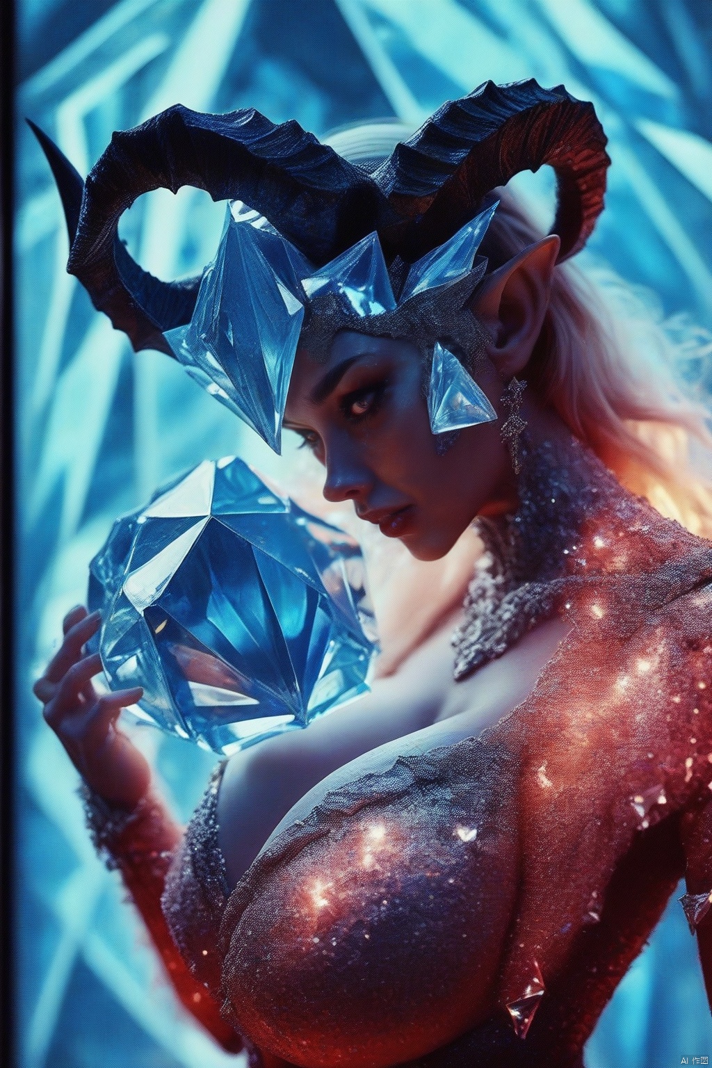 1 girl, beautiful demon, horns, crystal skin, large breasts,upper body,side view, 

score_9, score_8_up, score_7_up,score_6_up,
hyper-Detailed, masterpiece, best Quality,film Grain, Huge breasts