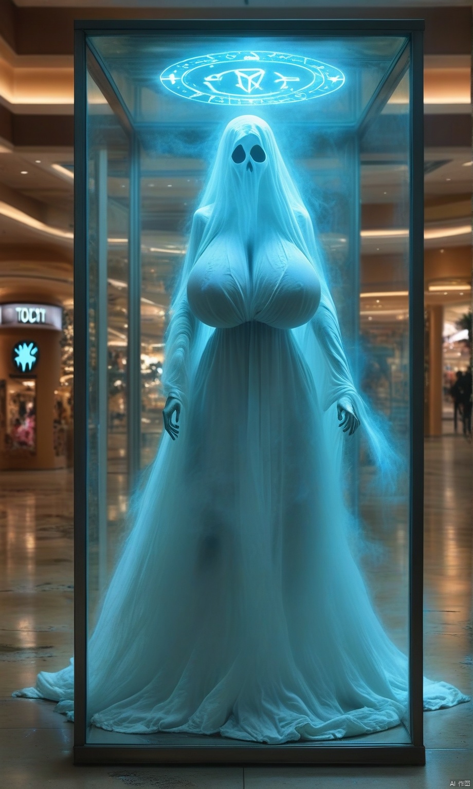 (bedsheet ghost, trapped in a glass enclosure, indoors, abandoned mall lobby background) , glowing (rune symbols equations "DONT TOUCH"),faceless, Huge breasts