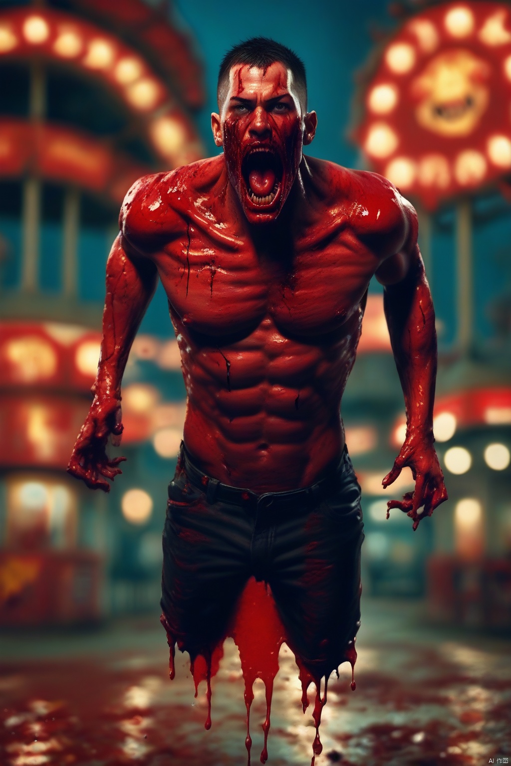 floating bloody torso, blood dripping, gore and blood oozes out of his lower torso, man, buzzcut hair, open mouth, teeth, dark eyes, blurry amusement park in hell background, abs, pecs,score_9 score_8_up score_7_up,, Huge breasts
