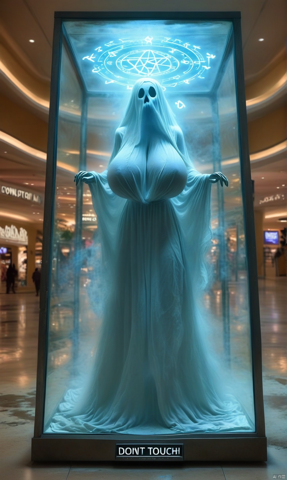 (bedsheet ghost, trapped in a glass enclosure, indoors, abandoned mall lobby background) , glowing (rune symbols equations "DONT TOUCH"),faceless, Huge breasts