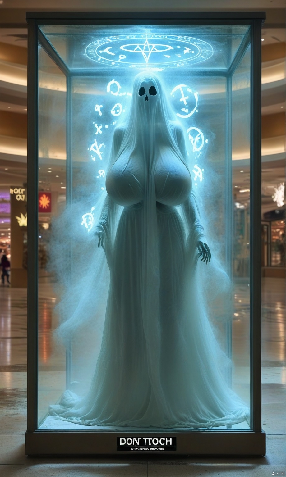 (bedsheet ghost, trapped in a glass enclosure, indoors, abandoned mall lobby background) , glowing (rune symbols equations "DONT TOUCH"),faceless, Huge breasts