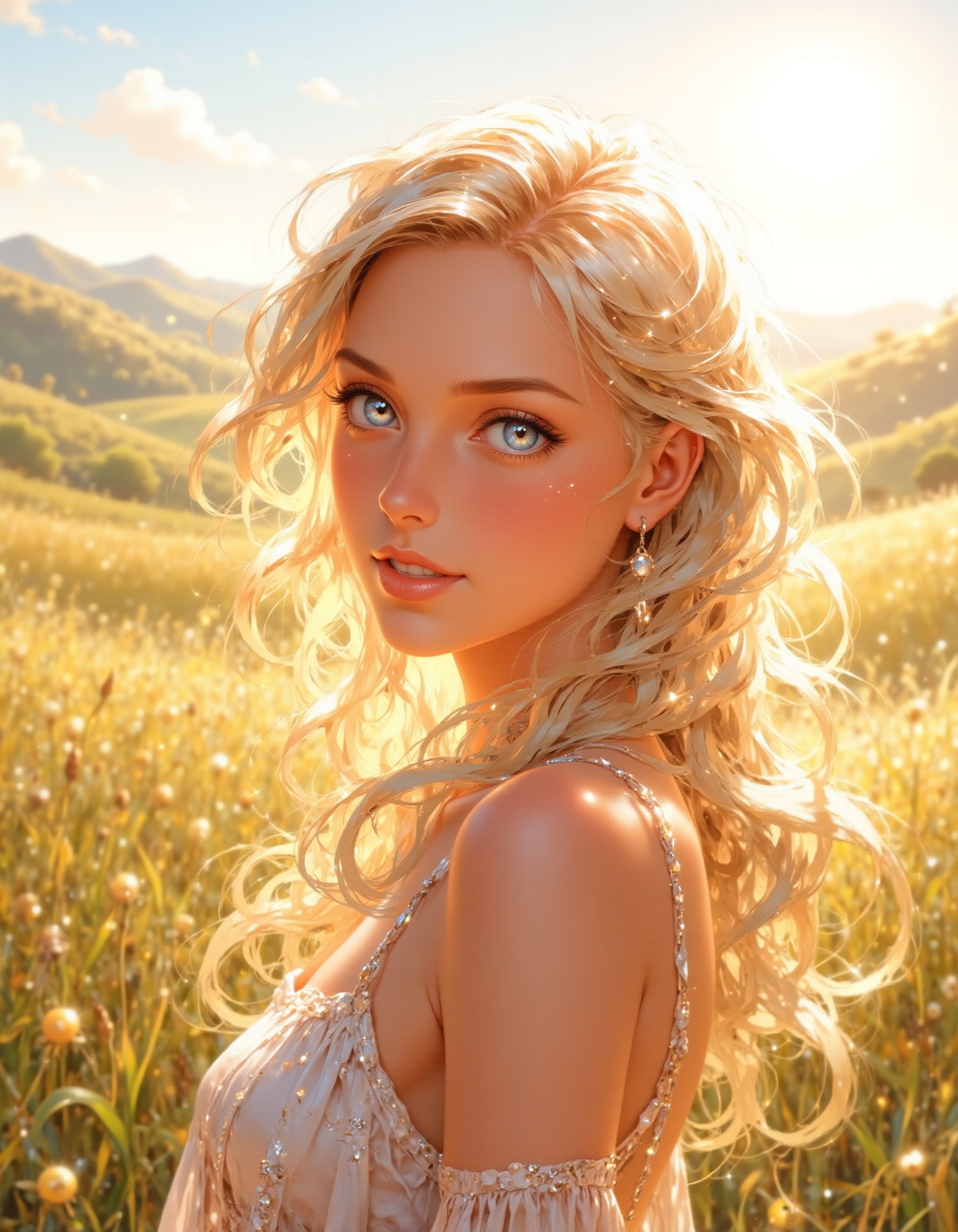 A young woman stands in a sun-drenched meadow,  her long blonde hair blowing gently in the breeze as she gazes out at the...