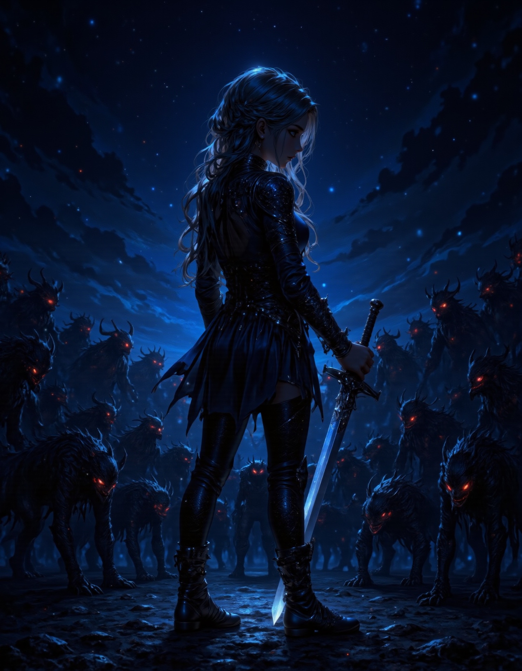 A young girl in mini armor stands confidently on a darkened battlefield,  demons lurking in the shadows behind her. The di...