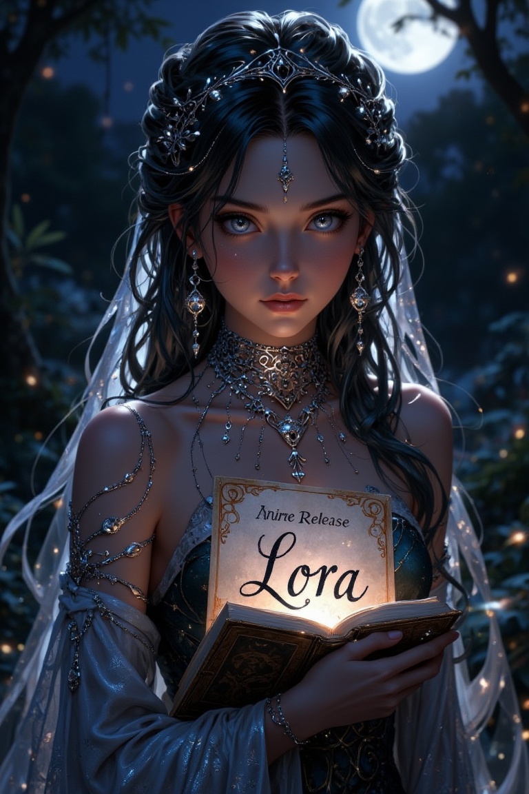 In a mystical,  moonlit clearing,  a young woman with porcelain skin and raven tresses donning intricately woven silver th...