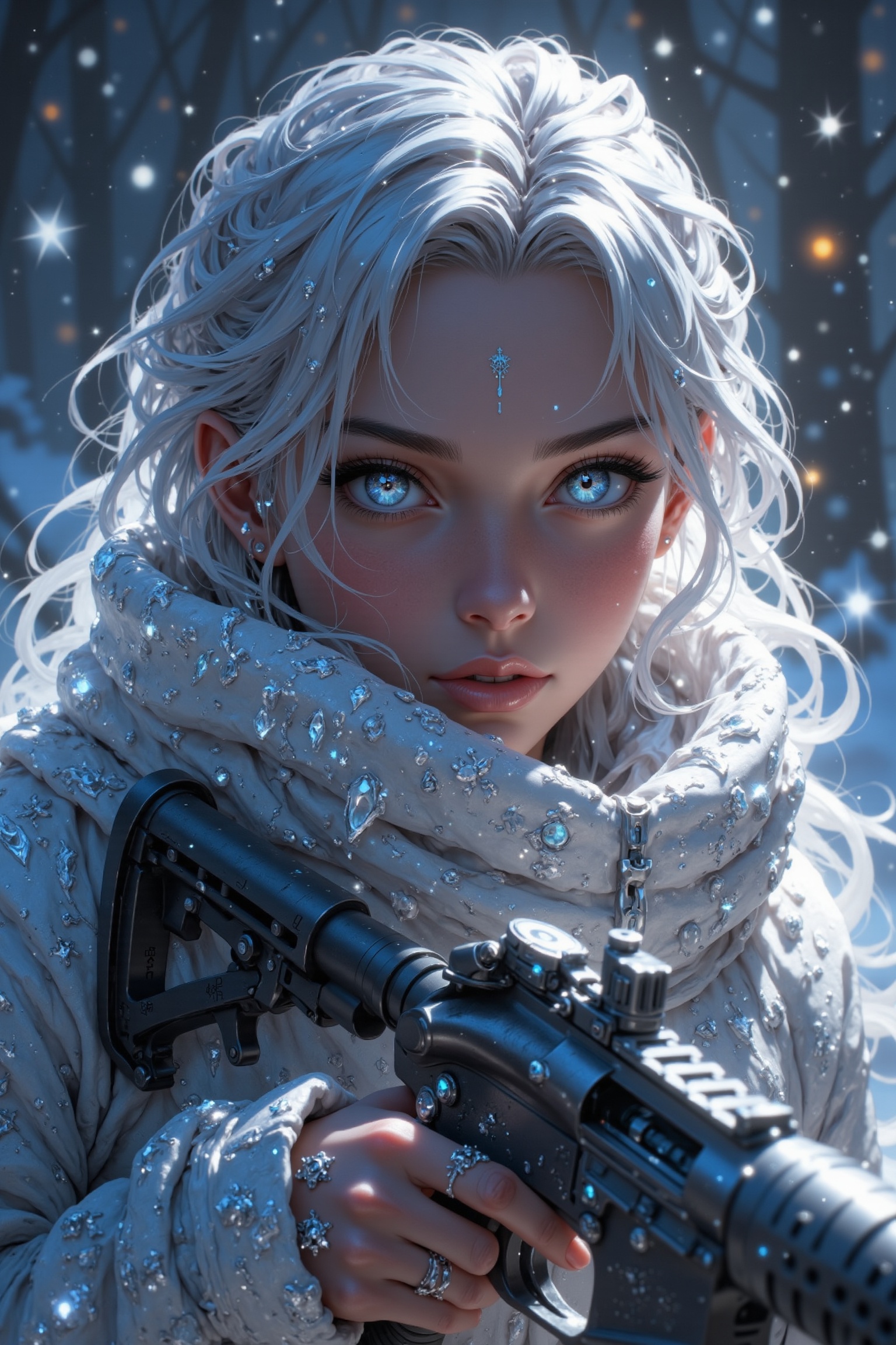 A stunning over-detailed sci-fi cinematic photo. A white-skinned,  porcelain-like girl stands out against a backdrop of ic...