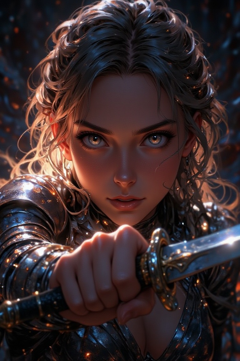 A close-up shot of a young woman wearing a mini armor suit,  grasping a sword with confidence and determination. The camer...