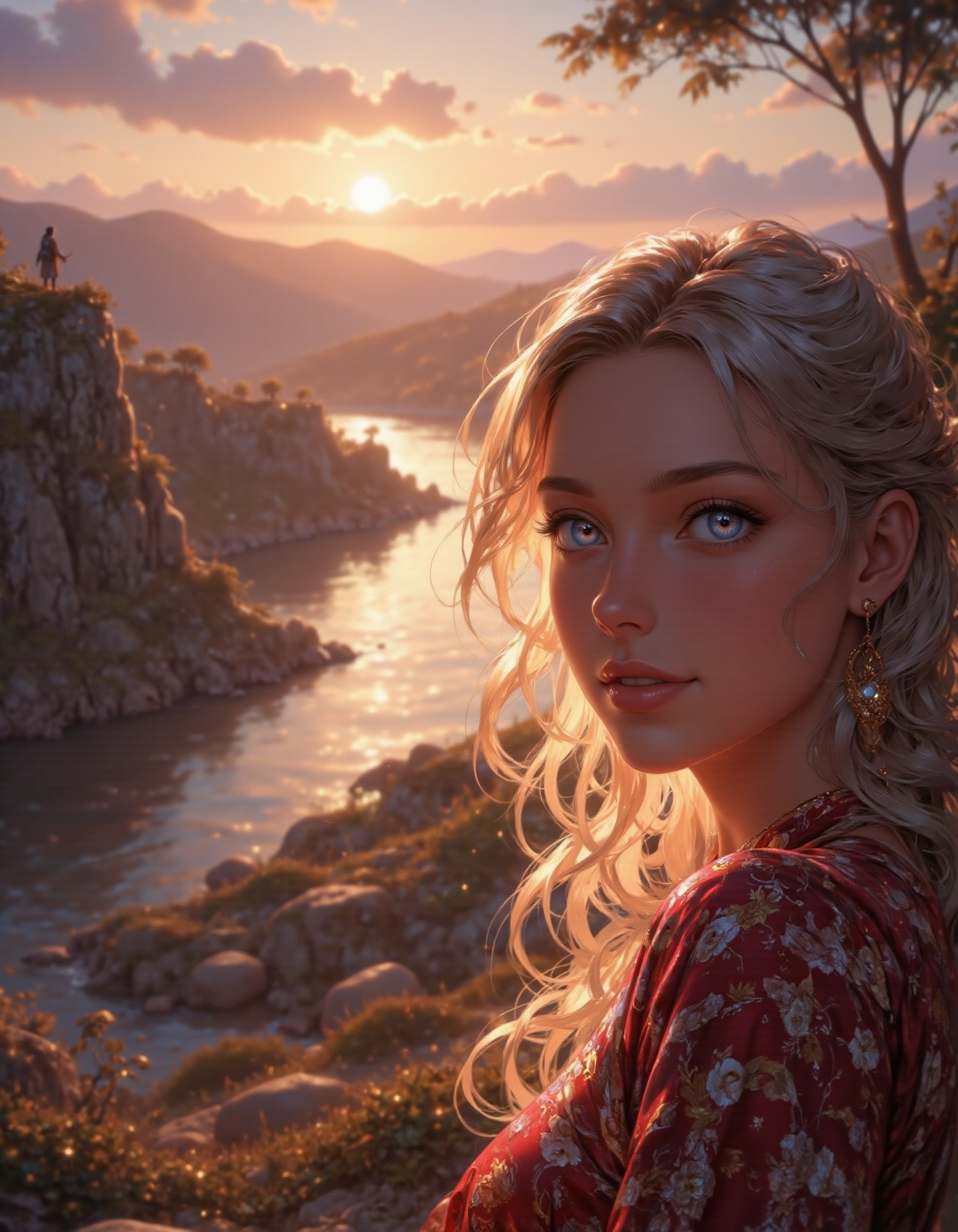 A young woman with long blonde hair and bright blue eyes,  sitting on a rocky cliff overlooking a serene lake at sunset. S...