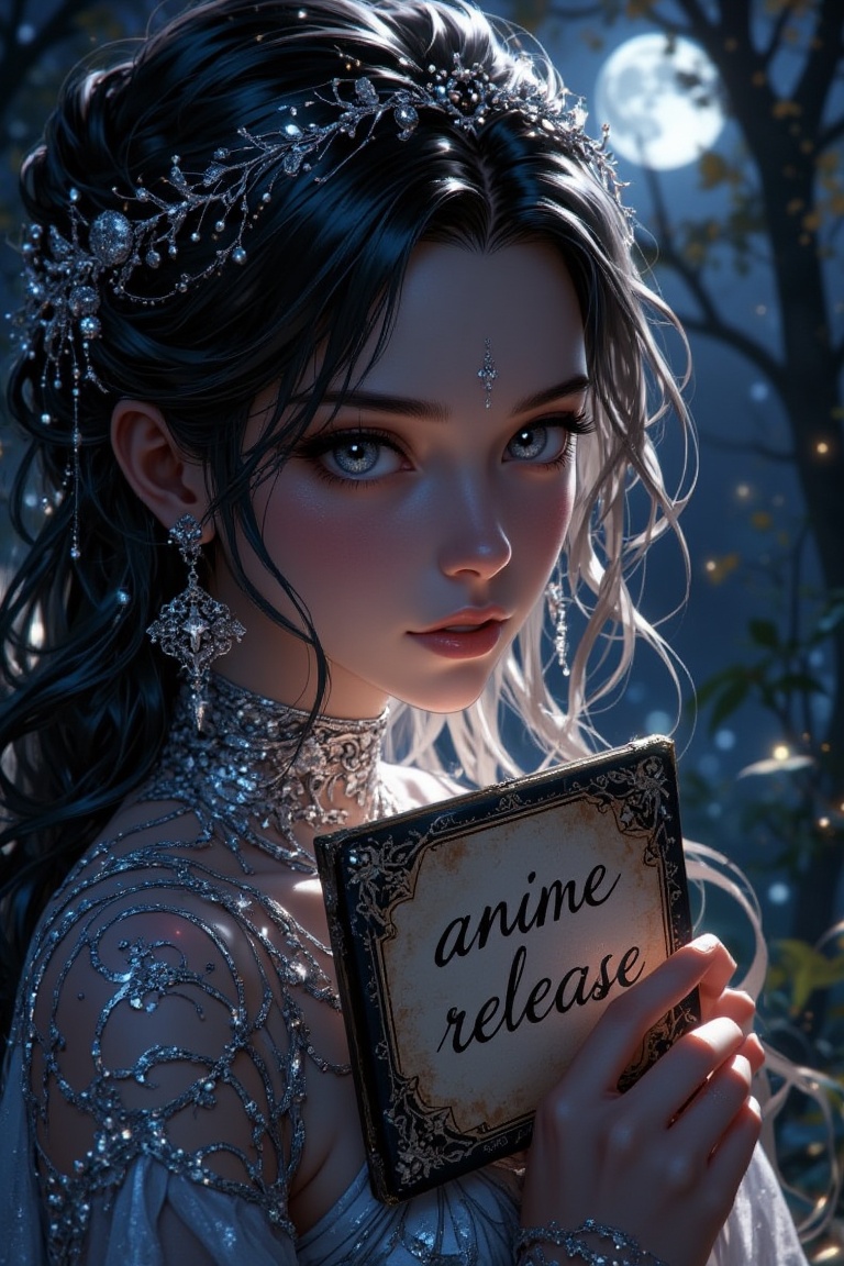 In a mystical,  moonlit clearing,  a young woman with porcelain skin and raven tresses donning intricately woven silver th...