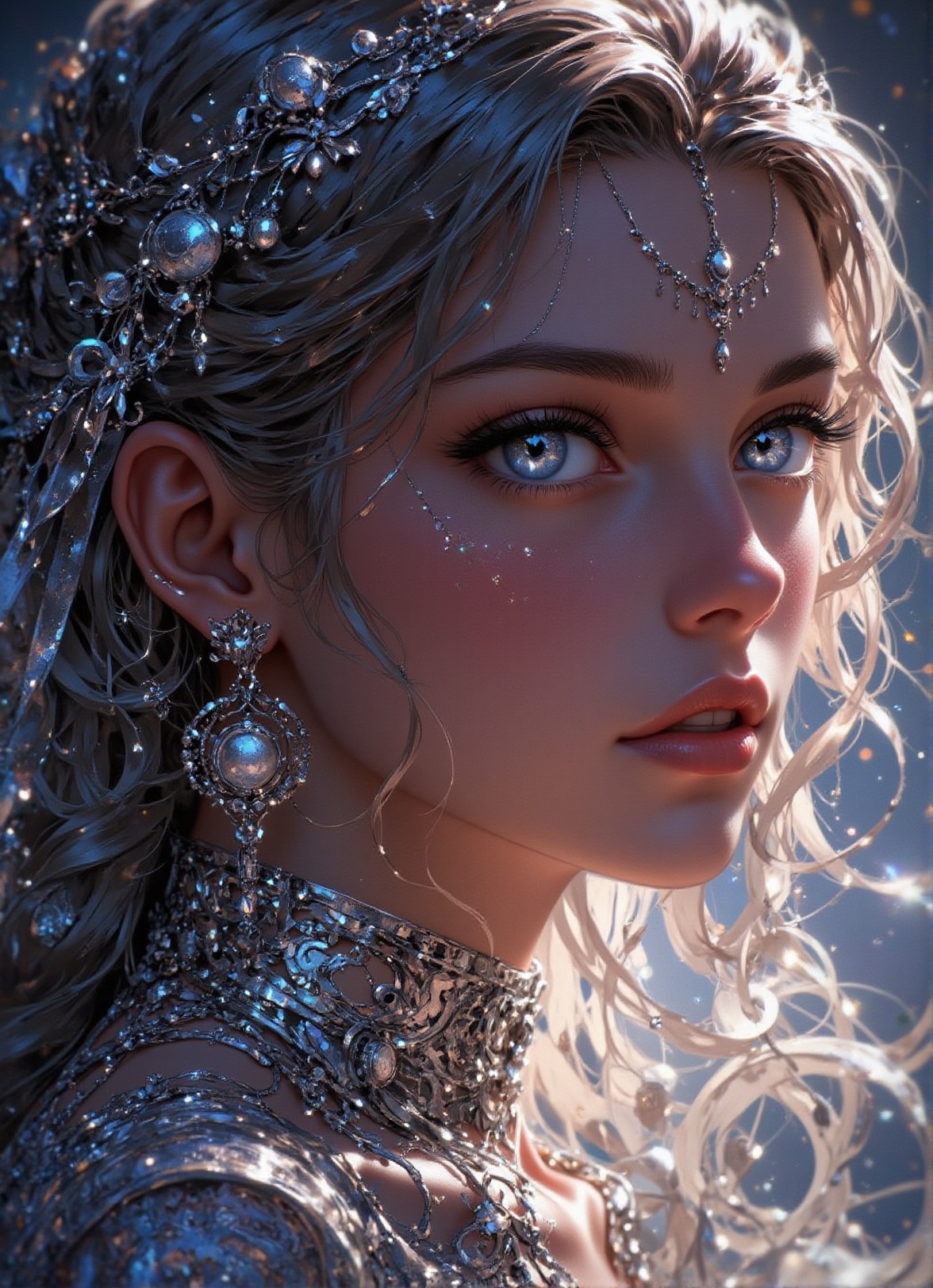 young woman wearing silver threads,  art by aleksi briclot and alphonse mucha and william-adolphe bougeureau,  octane rend...