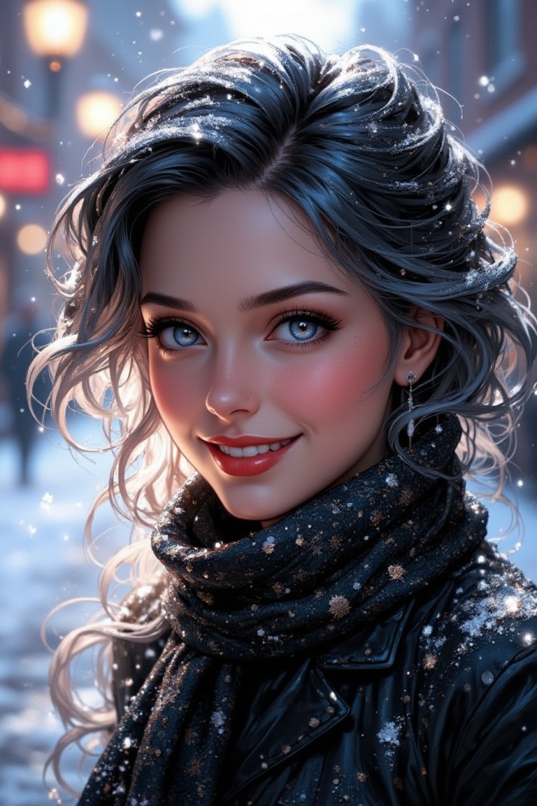 A woman with black and white hair,  wearing red lipstick,  smiles warmly. Classicism style on Tensor.Art