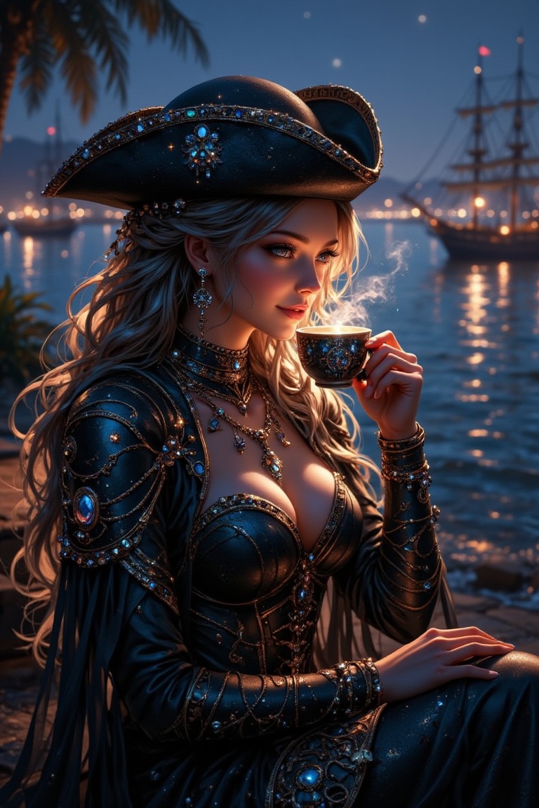 A beautiful woman in sea captain pirate armor,  adorned with a hat and jewel-encrusted gems,  sips coffee with a smile. Th...