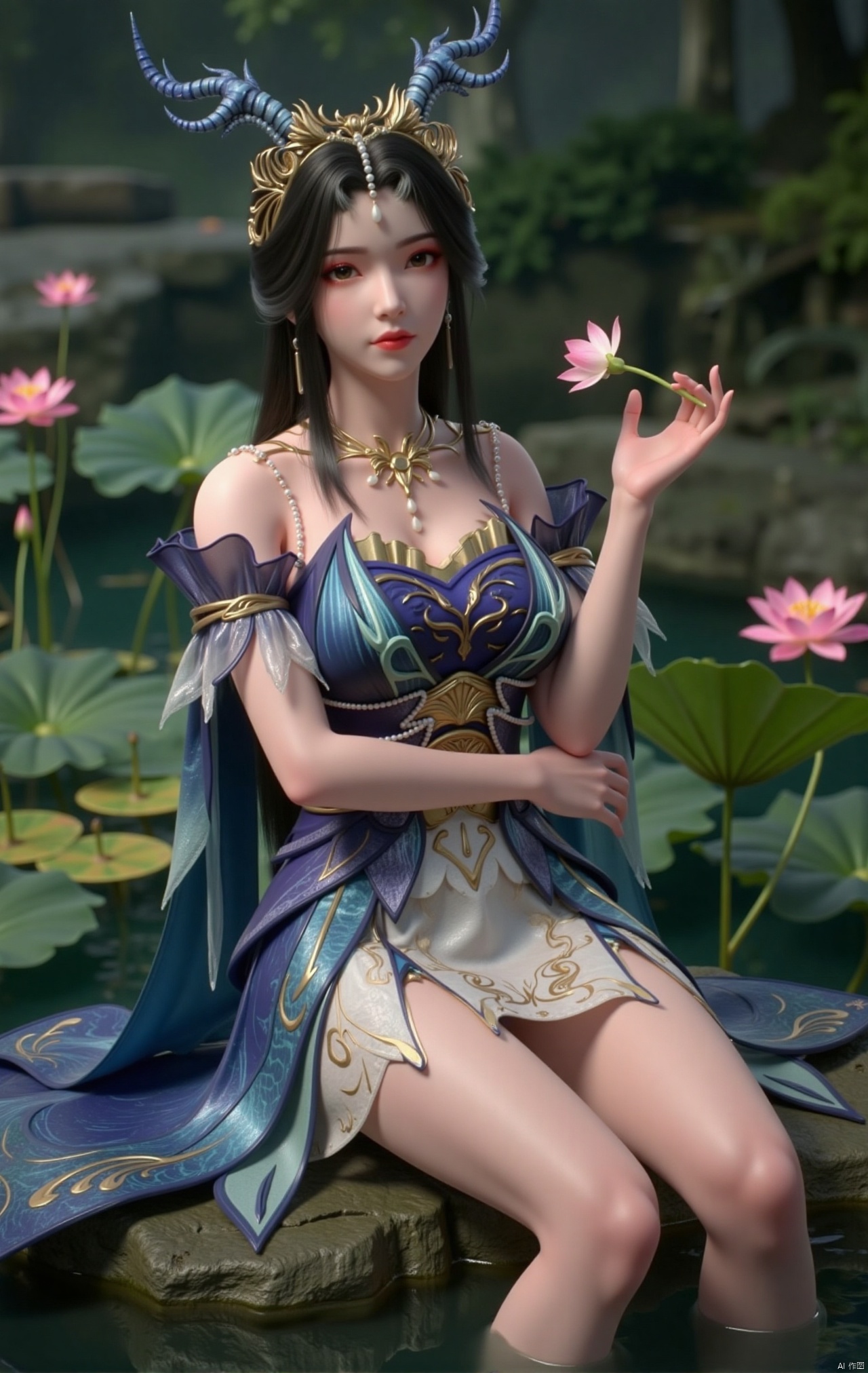  masterpiece,1girl,black hair,(Sitting by the lotus pond in the garden:1.3),(short dress:1.39),black eyes,beautiful face,short sleeves,holding flower,looking at viewer,(huge breasts:2.79),(full breasts:1.99),Xzhaoliner,Xyaoxi,Xsulingyun,XyunluoX,Xhenrendadi,Xlannuo,Xlongnv,Xruoshui,XyunluoH,Xyuzimo