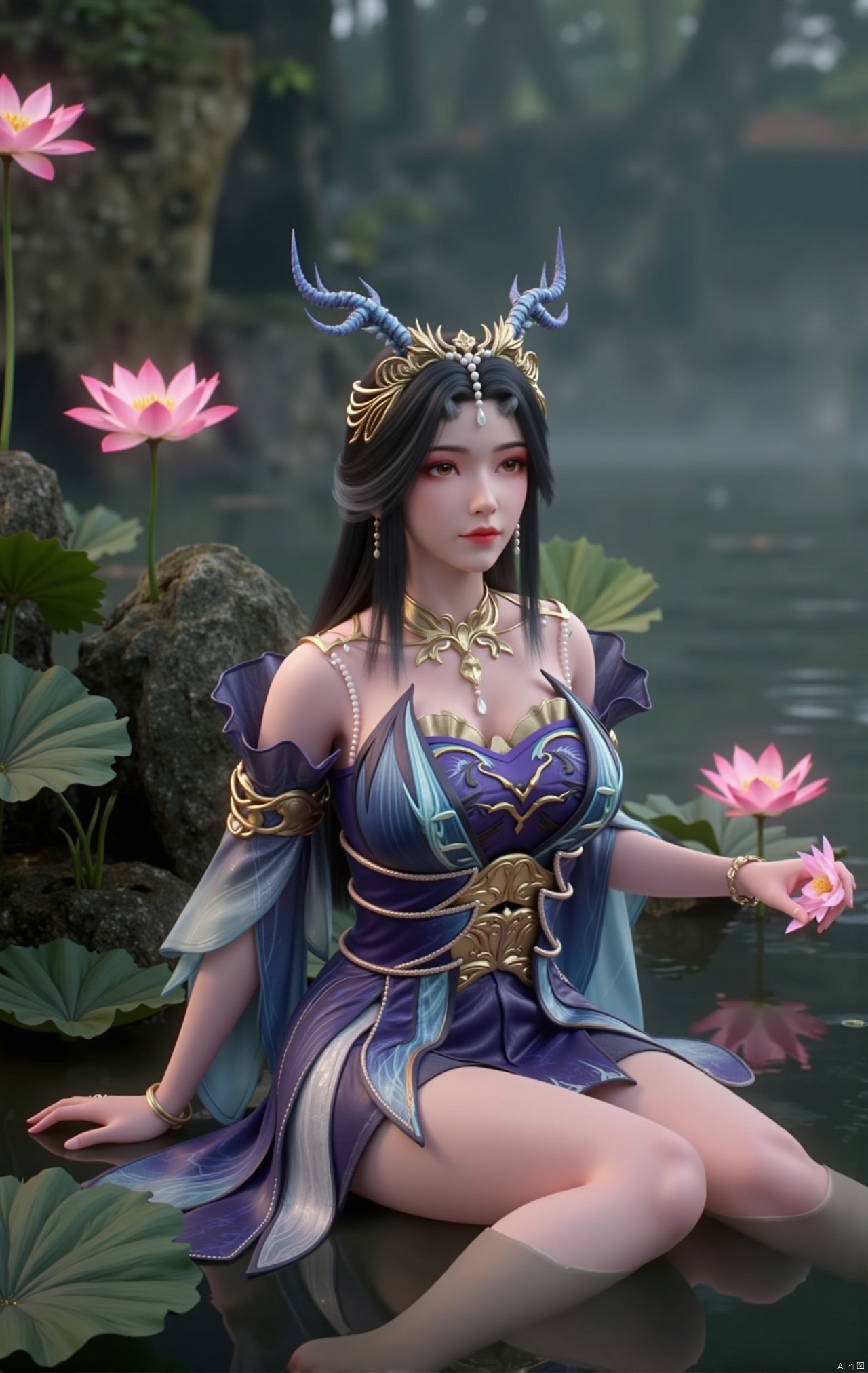  masterpiece,1girl,black hair,(Sitting by the lotus pond in the garden:1.3),(short dress:1.39),black eyes,beautiful face,short sleeves,holding flower,looking at viewer,(huge breasts:2.79),(full breasts:1.99),Xzhaoliner,Xyaoxi,Xsulingyun,XyunluoX,Xhenrendadi,Xlannuo,Xlongnv,Xruoshui,XyunluoH,Xyuzimo
