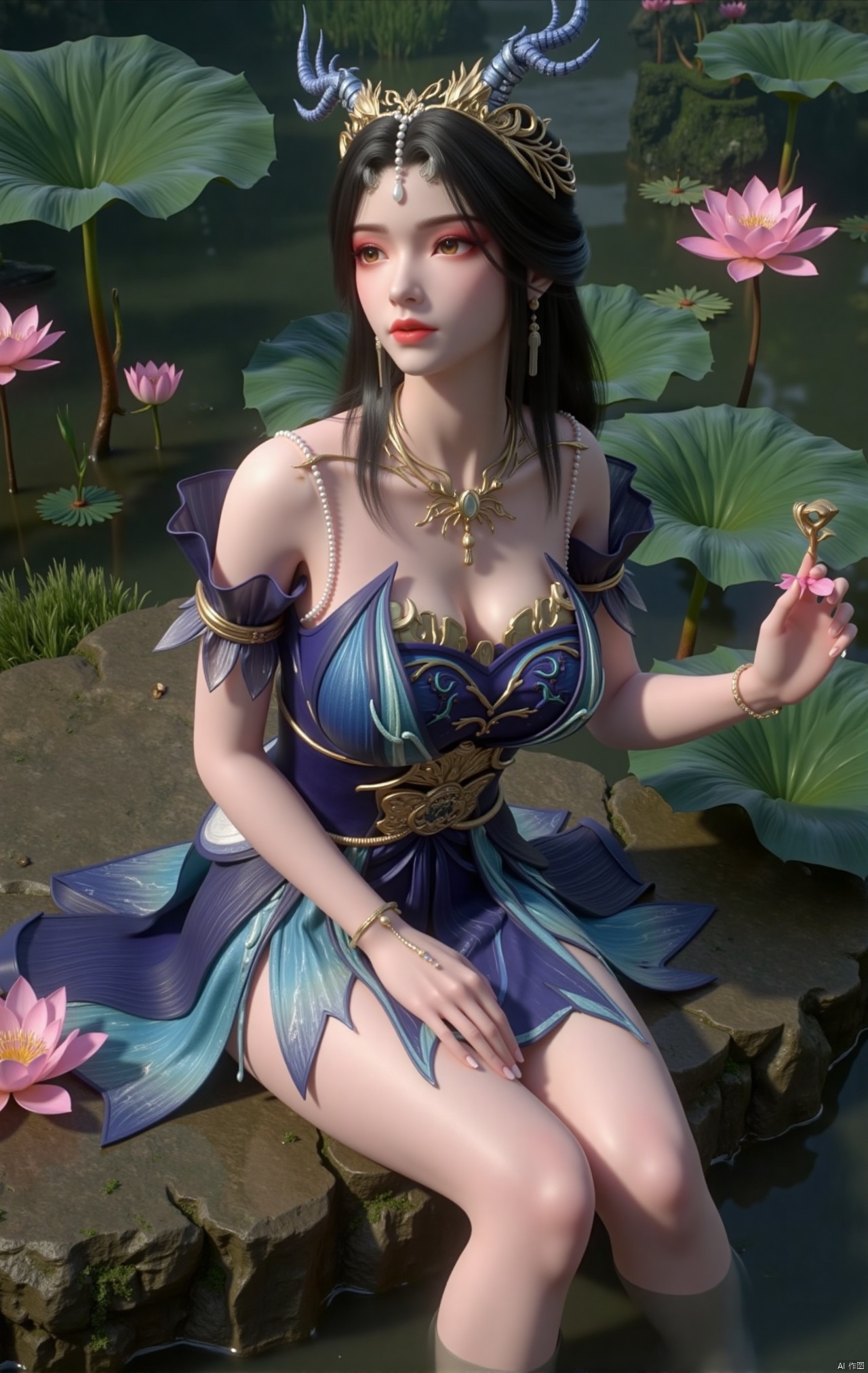  masterpiece,1girl,black hair,(Sitting by the lotus pond in the garden:1.3),(short dress:1.39),black eyes,beautiful face,short sleeves,holding flower,looking at viewer,(huge breasts:2.79),(full breasts:1.99),Xzhaoliner,Xyaoxi,Xsulingyun,XyunluoX,Xhenrendadi,Xlannuo,Xlongnv,Xruoshui,XyunluoH,Xyuzimo
