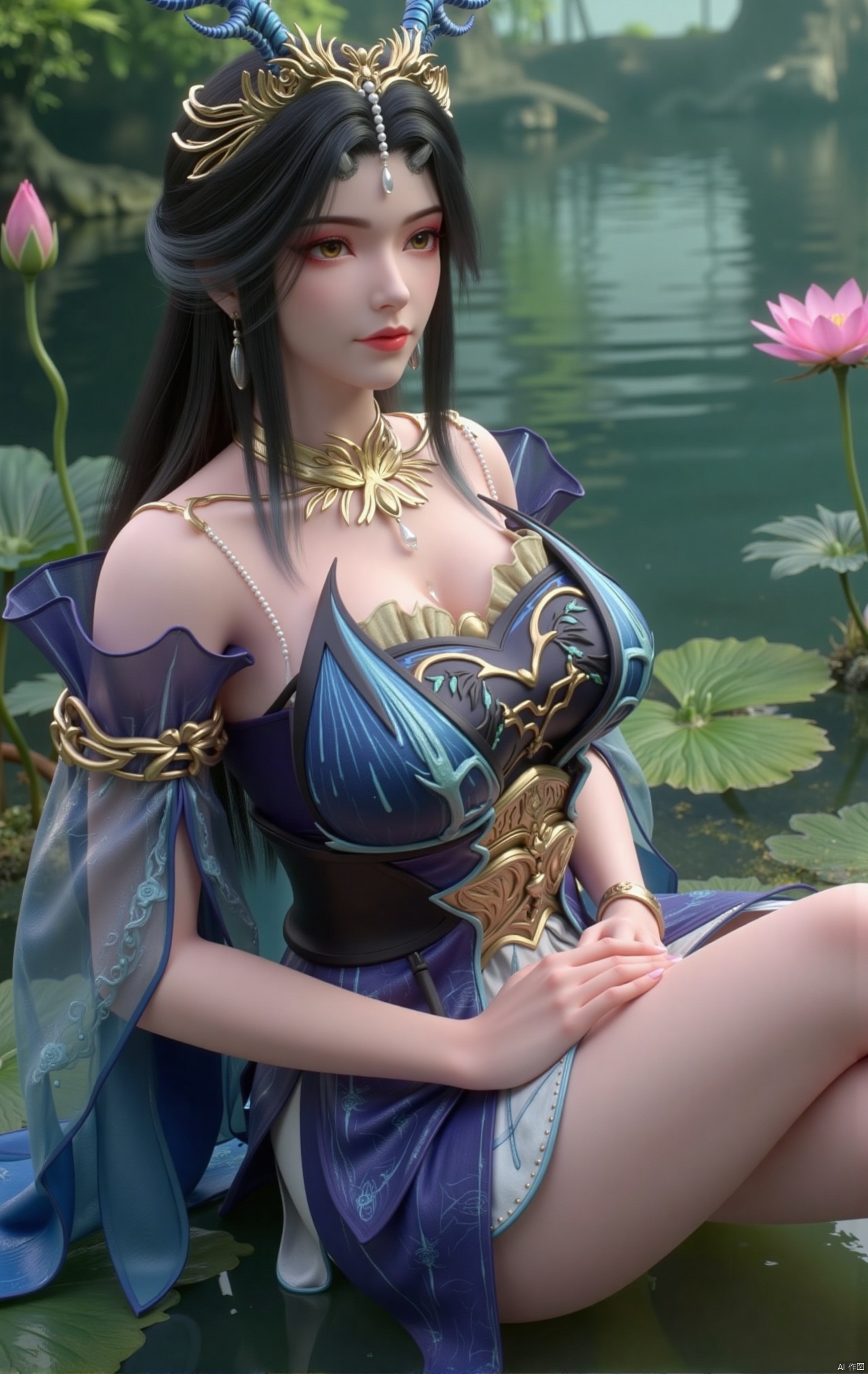  masterpiece,1girl,black hair,(Sitting by the lotus pond in the garden:1.3),(short dress:1.39),black eyes,beautiful face,short sleeves,holding flower,looking at viewer,(huge breasts:2.79),(full breasts:1.99),Xzhaoliner,Xyaoxi,Xsulingyun,XyunluoX,Xhenrendadi,Xlannuo,Xlongnv,Xruoshui,XyunluoH,Xyuzimo