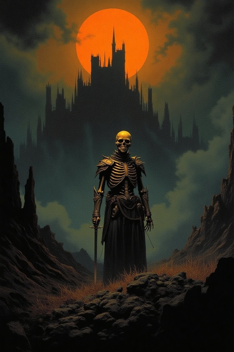 a skeleton wearing an detailed armor,  the skeleton holds a sword as he stands in a field in ruins,  fog and smoke fills t...