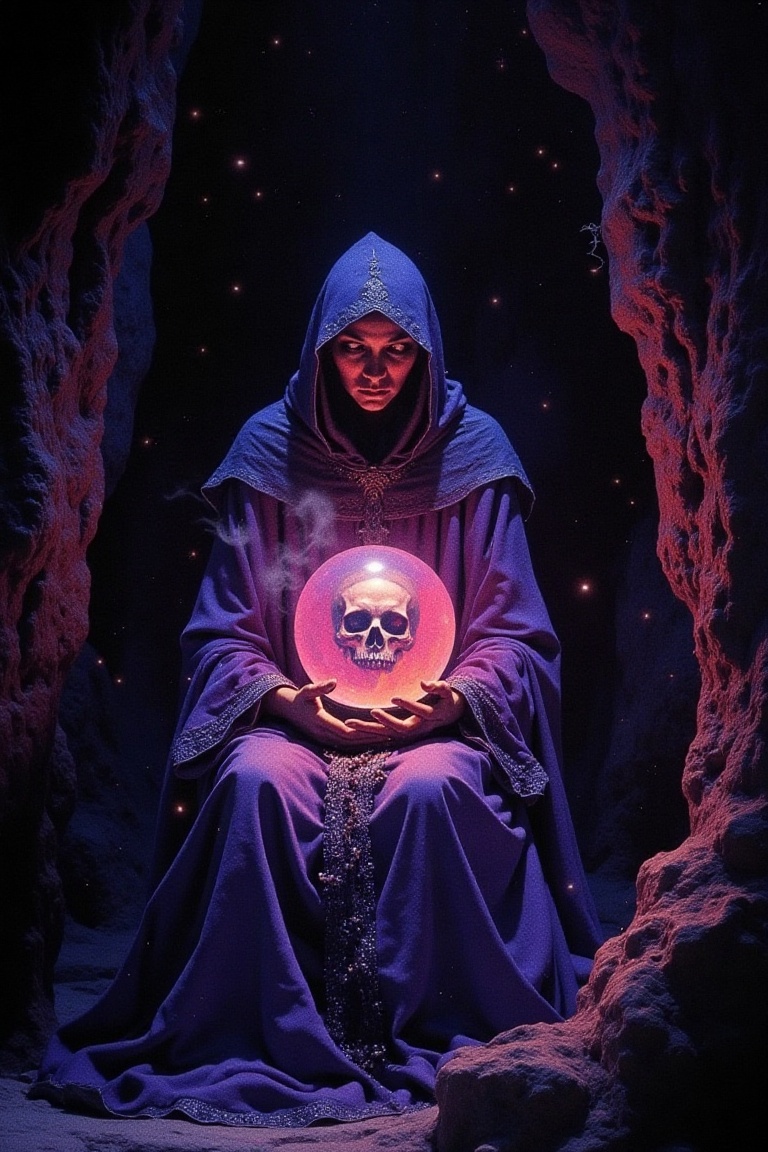 a witch,  wearing a purple medieval dress is sitting inside a cave,  she holds a crystal ball and a skull appears inside t...