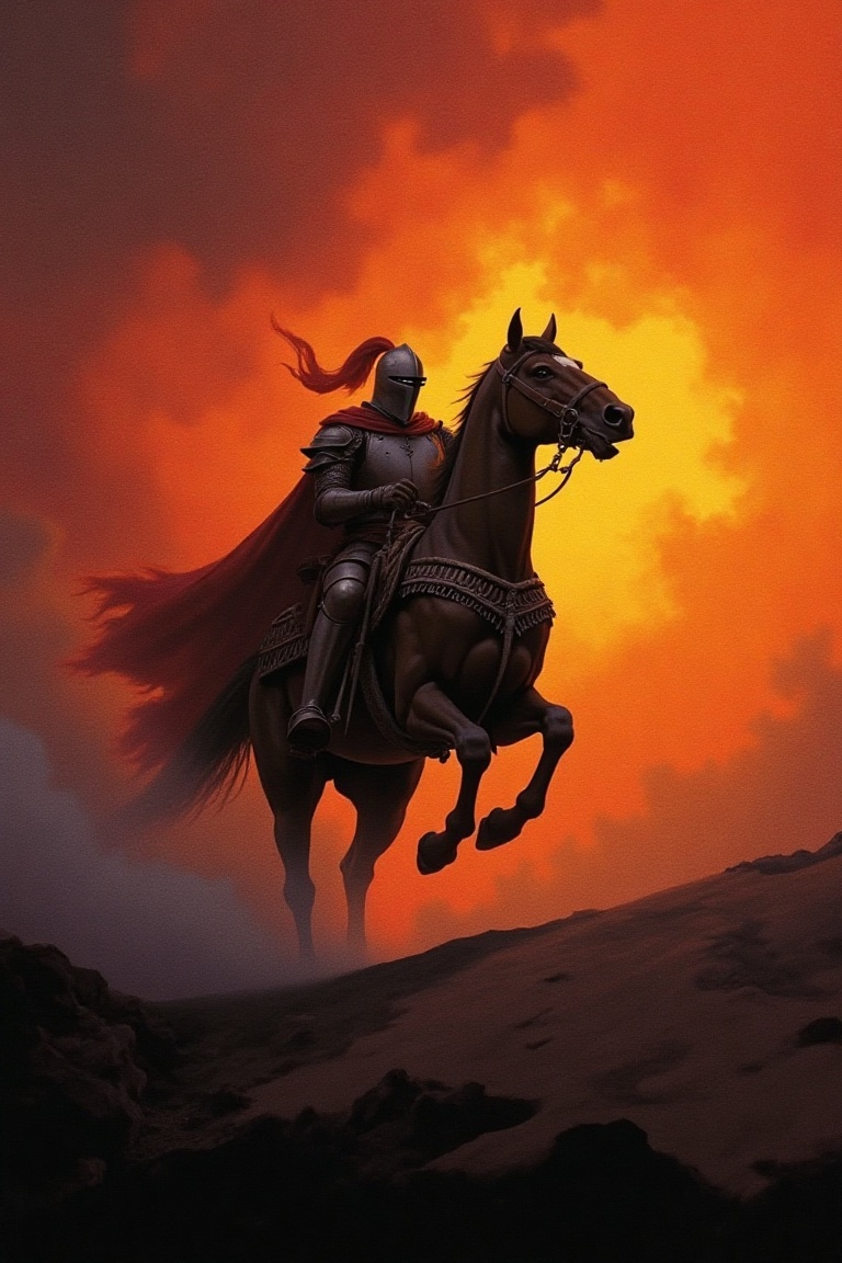 a knight riding in his horse while the sunset gives warmt to his adventure. illustration,  painting,  fog on Tensor.Art