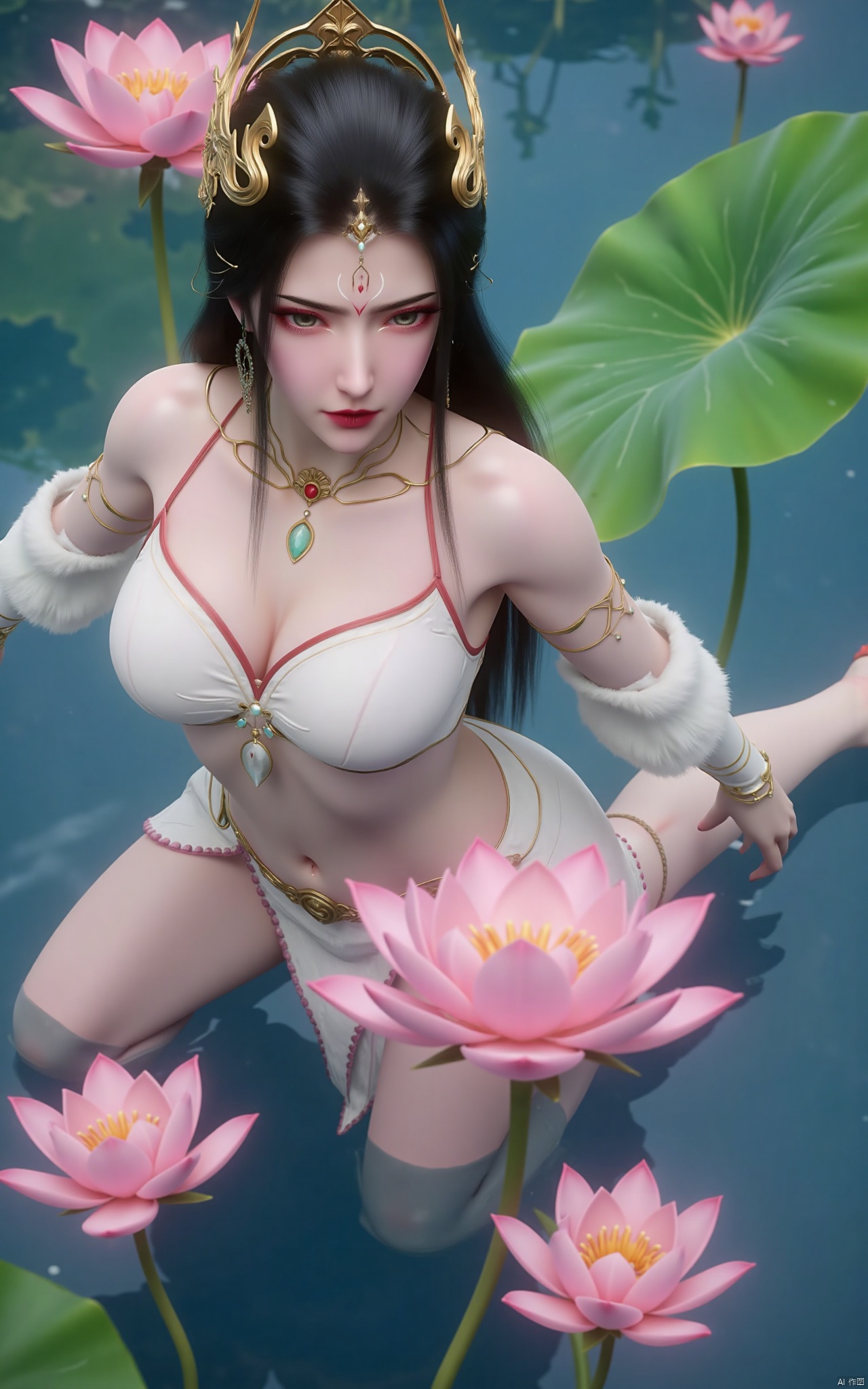 masterpiece,(best quality),official art, (1girl), (solo), ((looking_at_viewer)),(huge breasts:2.39),(full breasts:1.99),Xzhaoliner,(Lotus pond, lotus:1.52),Xyanqingcheng,Xxiyouqin,Xhongdie,Xlannuo,Xtianhuxianzi,Xhenrendadi