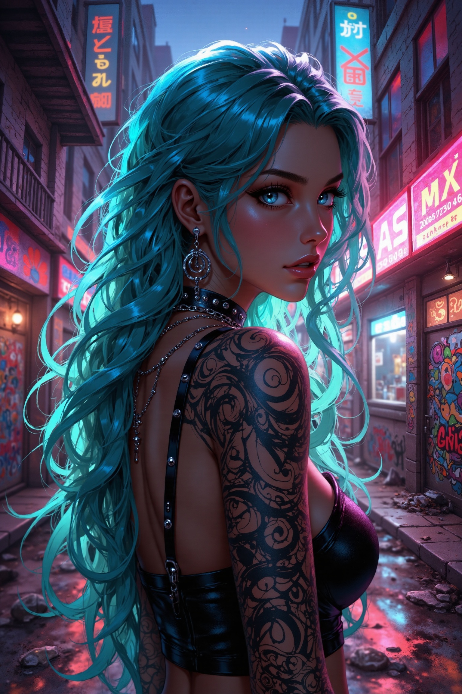 A turquoise-haired rebel stands defiantly amidst vibrant city streets,  neon-lit graffiti adorning crumbling walls and aba...