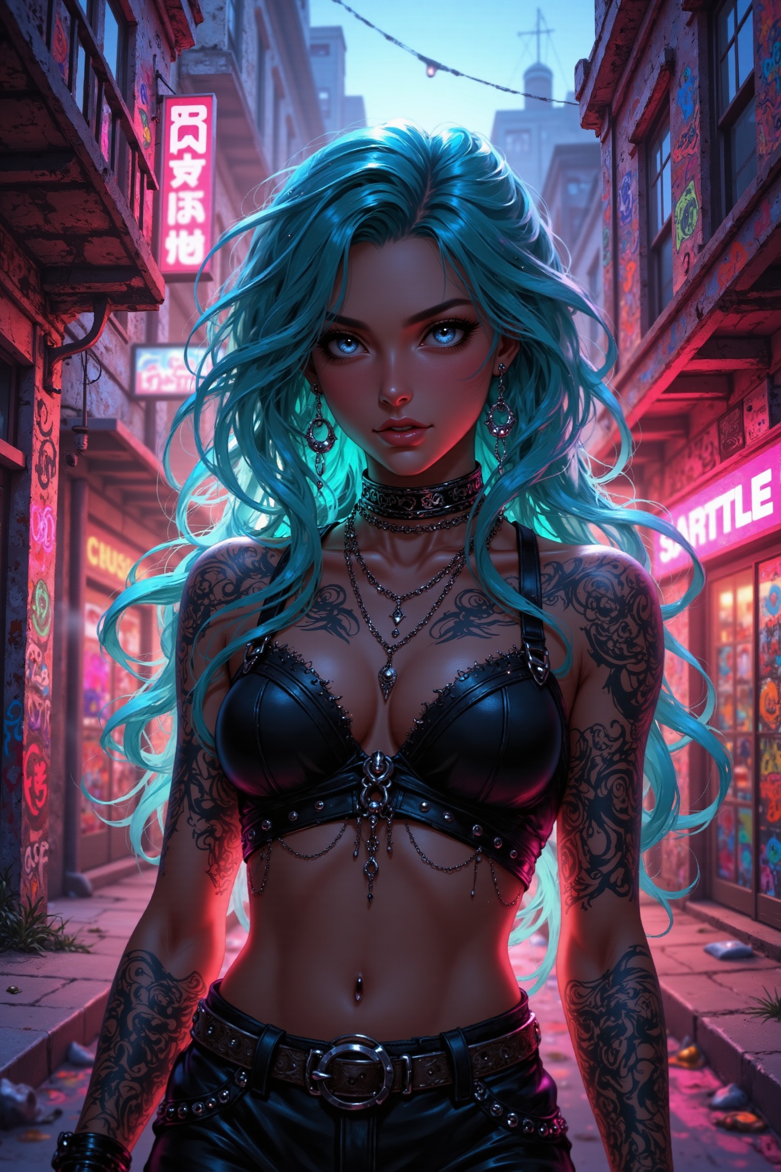 A defiant turquoise-haired rebel stands amidst vibrant city streets,  neon-lit graffiti adorning crumbling walls and aband...