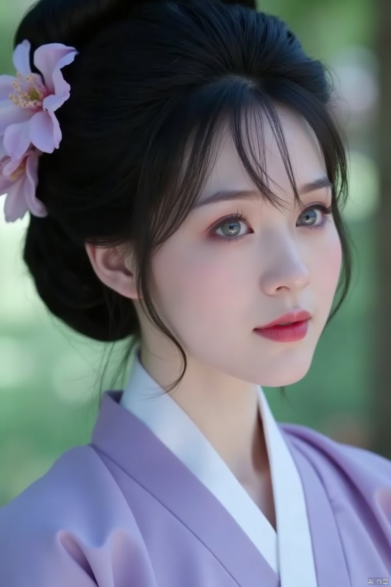 A close-up shot of a Asian woman in a hanfu with a flower in her hair. The woman's hair is styled in a bun,and she is wearing a light purple hanfu . Her eyes are a piercing blue,and her lips are a darker pink. Her hair is a dark black,