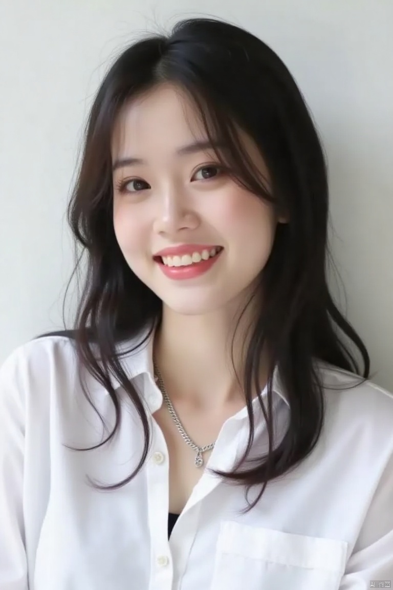 a young Asian woman with dark brown hair, wearing a white shirt.She is smiling, with her eyes opened. She has a silver necklace around her neck, adding a pop of color to her outfit. The backdrop is a plain white wall