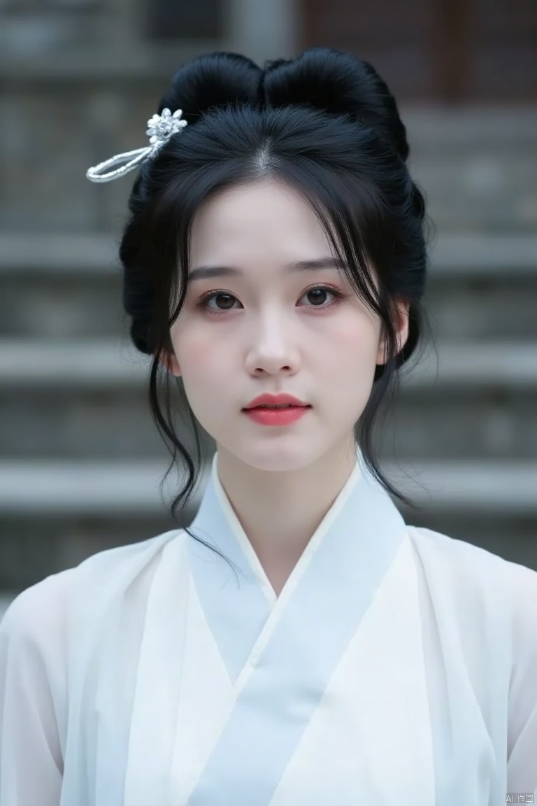 a young Asian woman wearing white Hanfu stood in front of a set of gray stone steps. Her hair was combed into a classical Chinese bun and she wore a silver hairpin, adding a touch of color to her face.