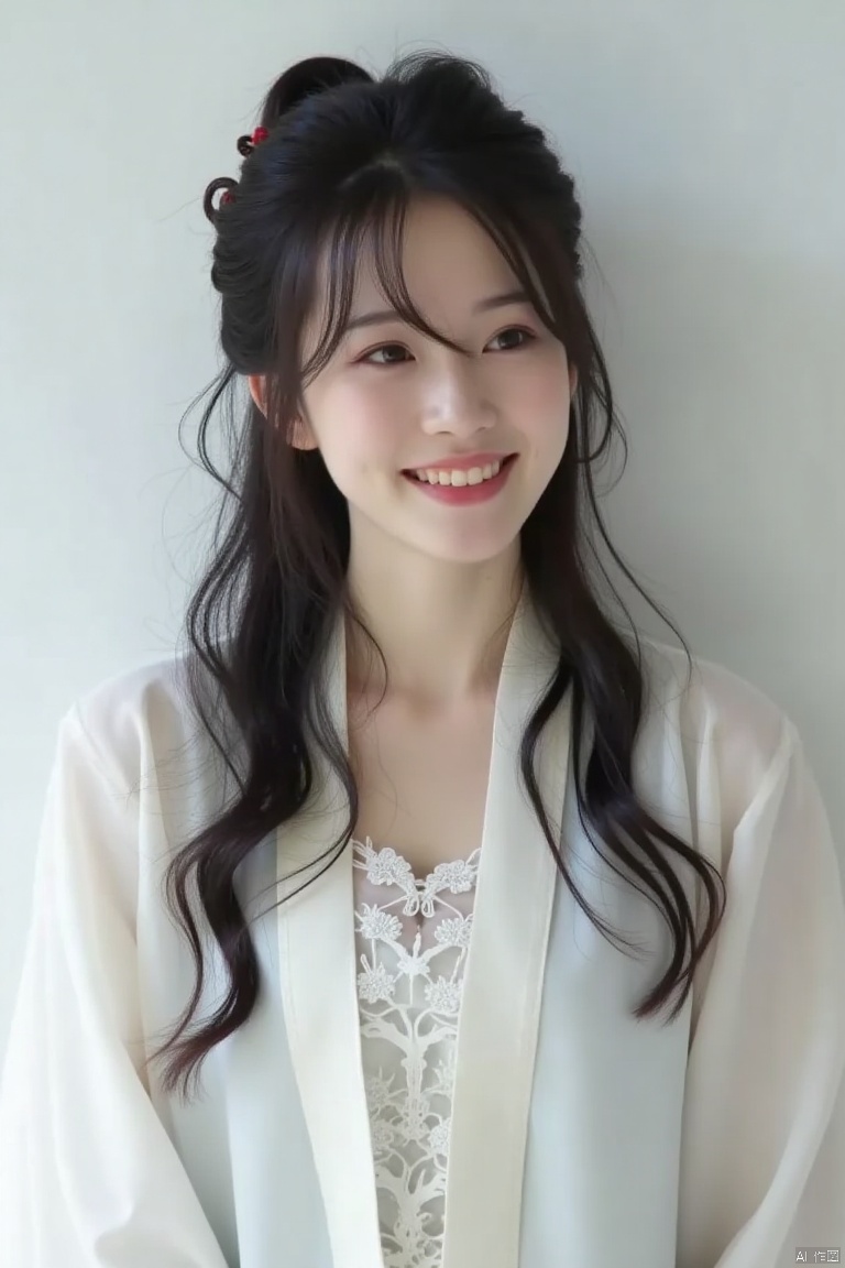 a young Asian woman with dark brown hair, wearing a white hanfu. She is smiling, with her eyes opened. The backdrop is a plain white wall