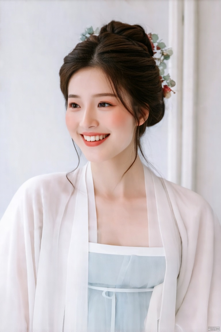 a young Asian woman with dark brown hair, wearing a white hanfu. She is smiling, with her eyes opened. The backdrop is a plain white wall