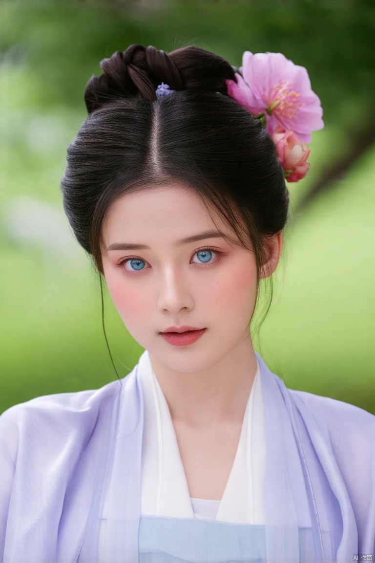 A close-up shot of a Asian woman in a hanfu with a flower in her hair. The woman's hair is styled in a bun,and she is wearing a light purple hanfu . Her eyes are a piercing blue,and her lips are a darker pink. Her hair is a dark black,