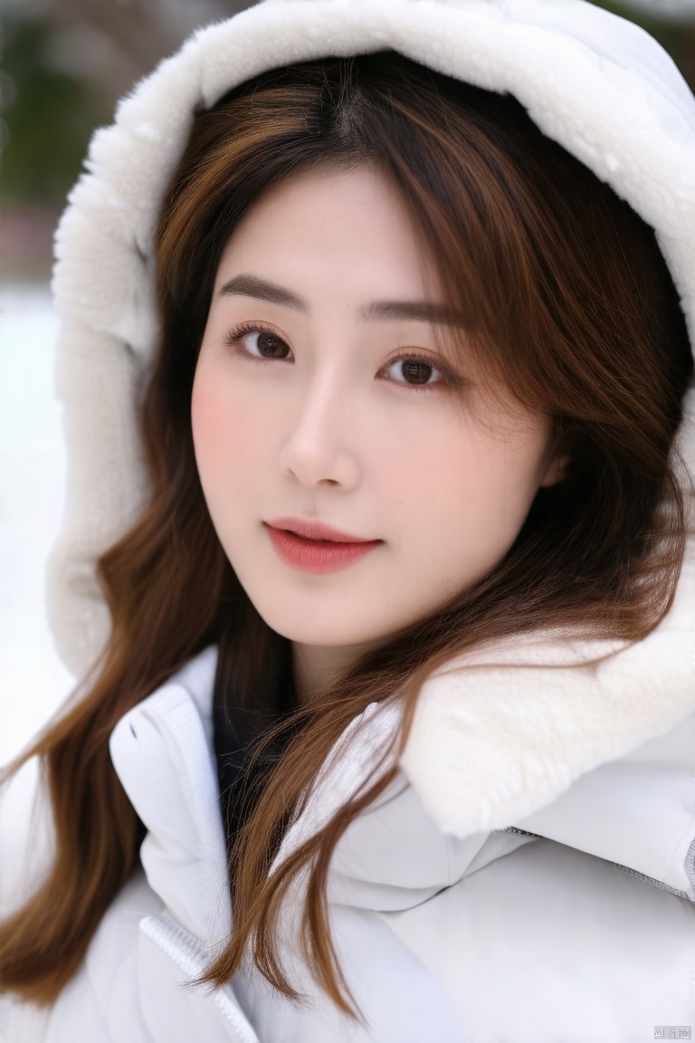 A close-up shot of a asian woman in a white coat with a hood on her head. The woman's face is angled towards the left side of the frame. Her brown hair is long and cascades down her shoulders. The hood of the coat is fluffy and white. 
