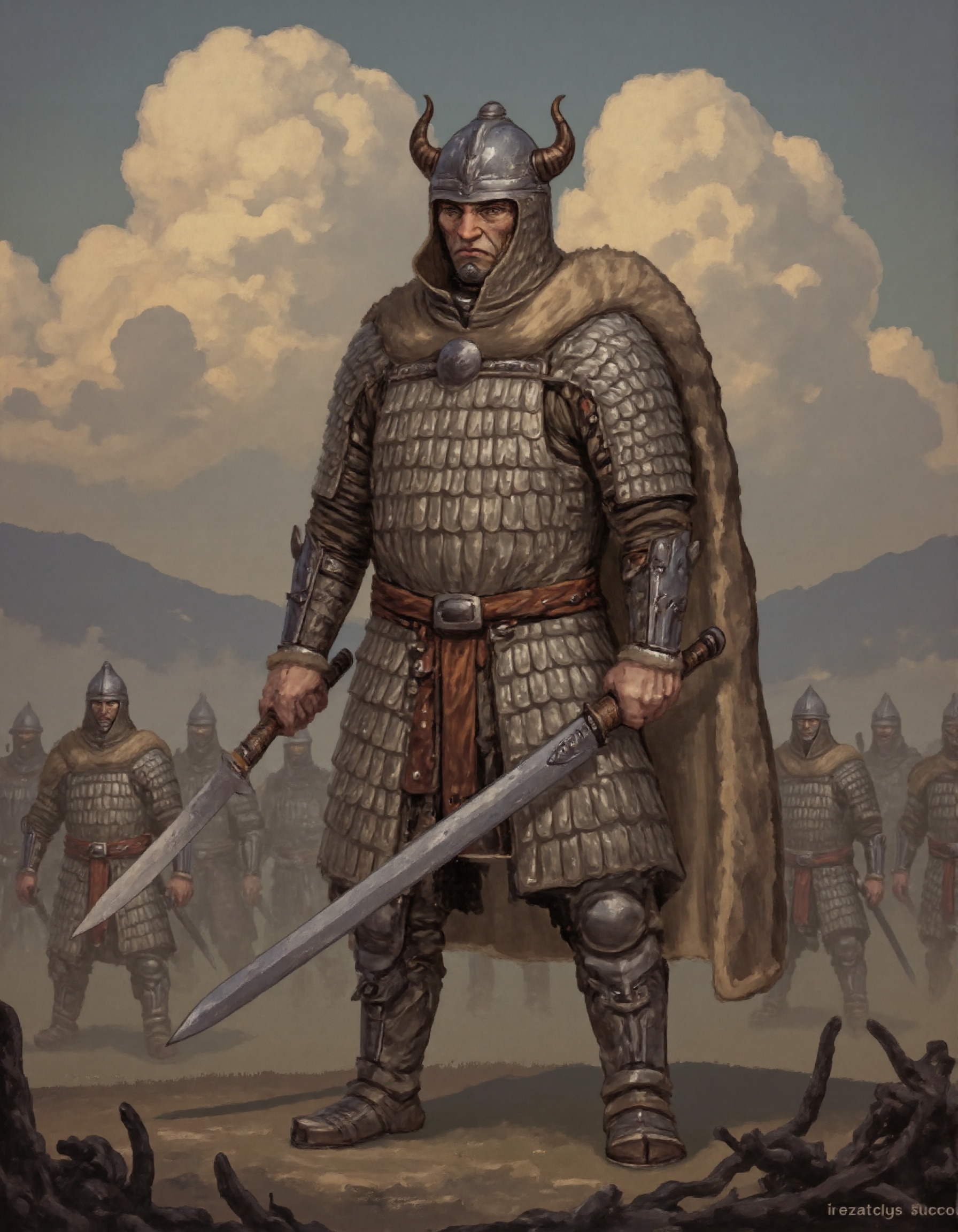 DFStyleFlux an upperbody of muscular tall huge male knight,  wearing fully body Scale Armor,  wearing horned helmet on Ten...