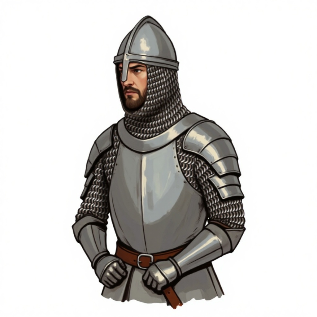 Upper body shot of a Norman knight in steel fullplate armor over a chainmail shirt with long sleeves,  adorned with a brow...
