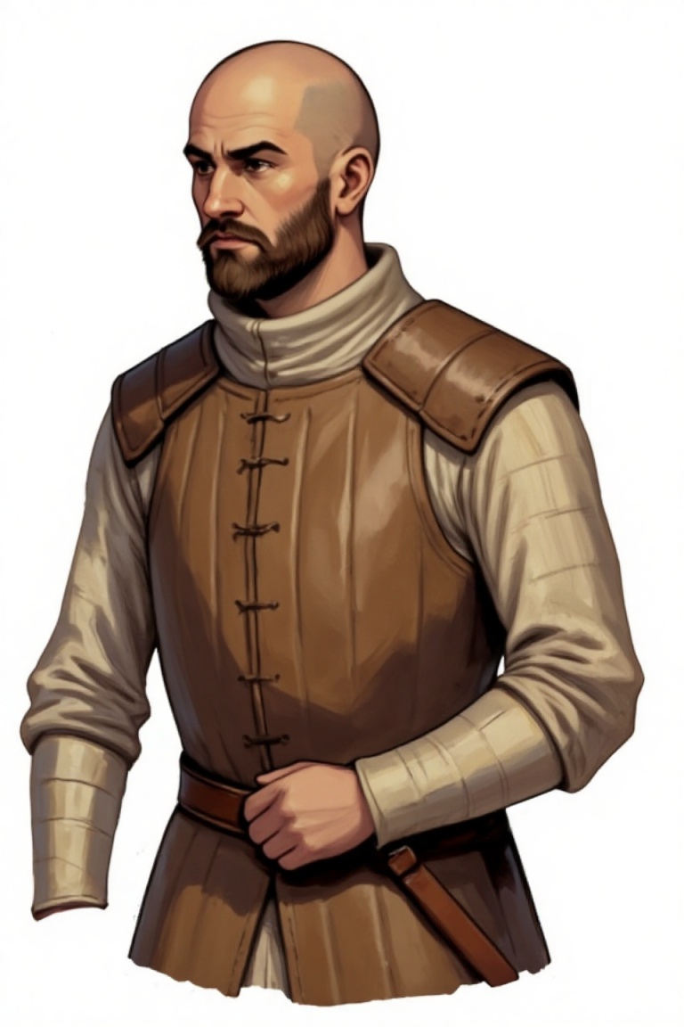 an upperbody of a man wearing leather vest over a gambeson with long sleeves. Gambeson has vertical stripes. He wears a ga...