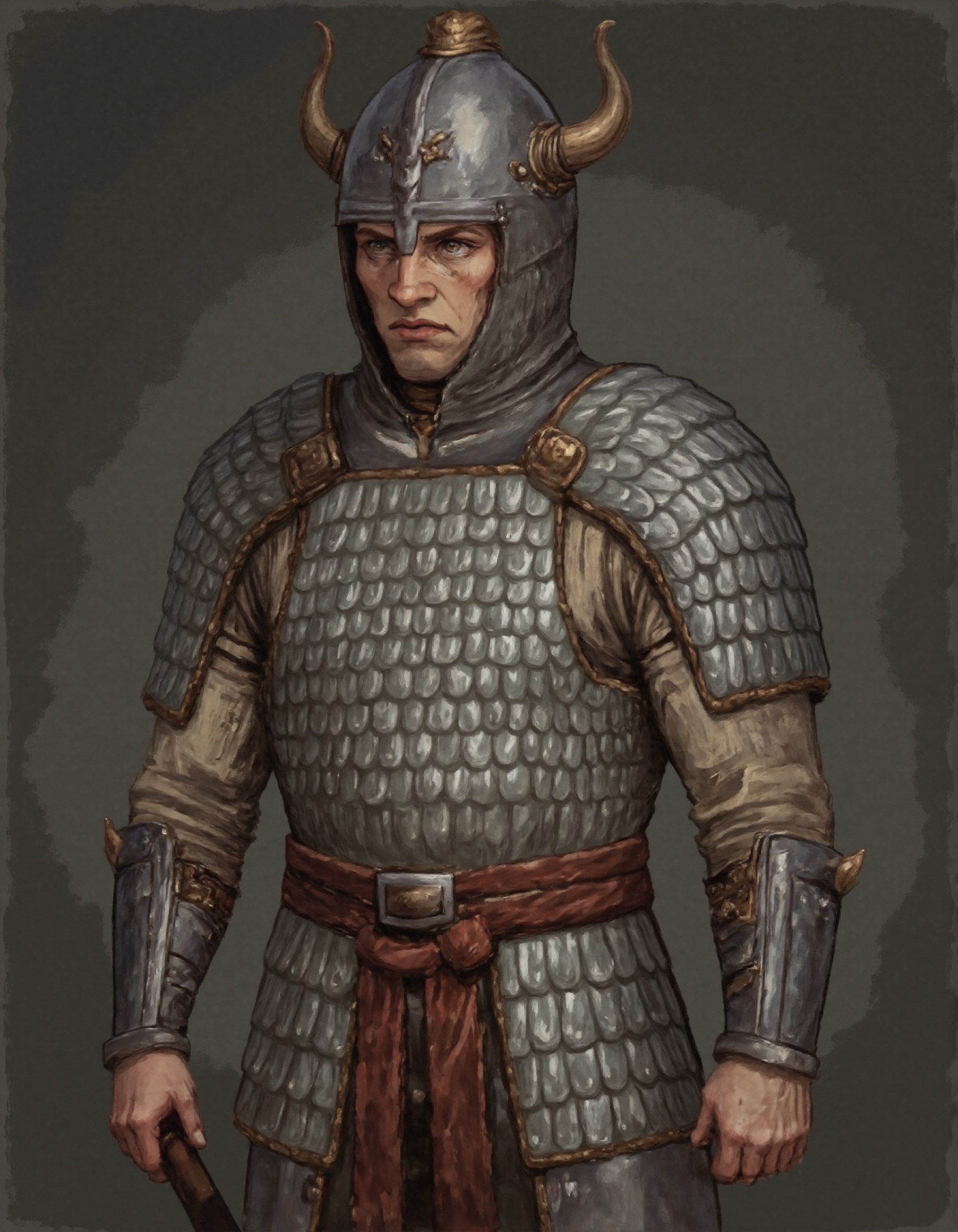 DFStyleFlux an upperbody of muscular tall huge male knight,  wearing Scale Armor with scales on pauldrons on shoulders,  w...
