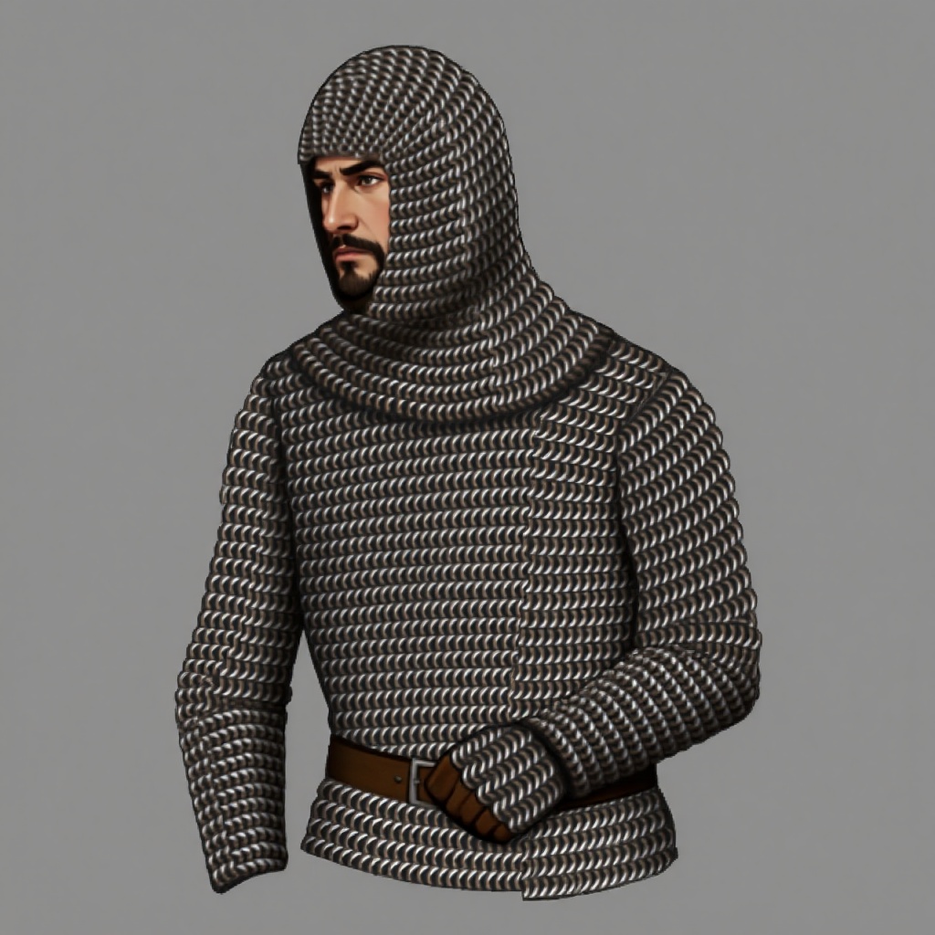 Upper body shot of a man in a long-sleeved steel chainmail shirt with a brown belt,  wearing a chainmail coif on his head,...