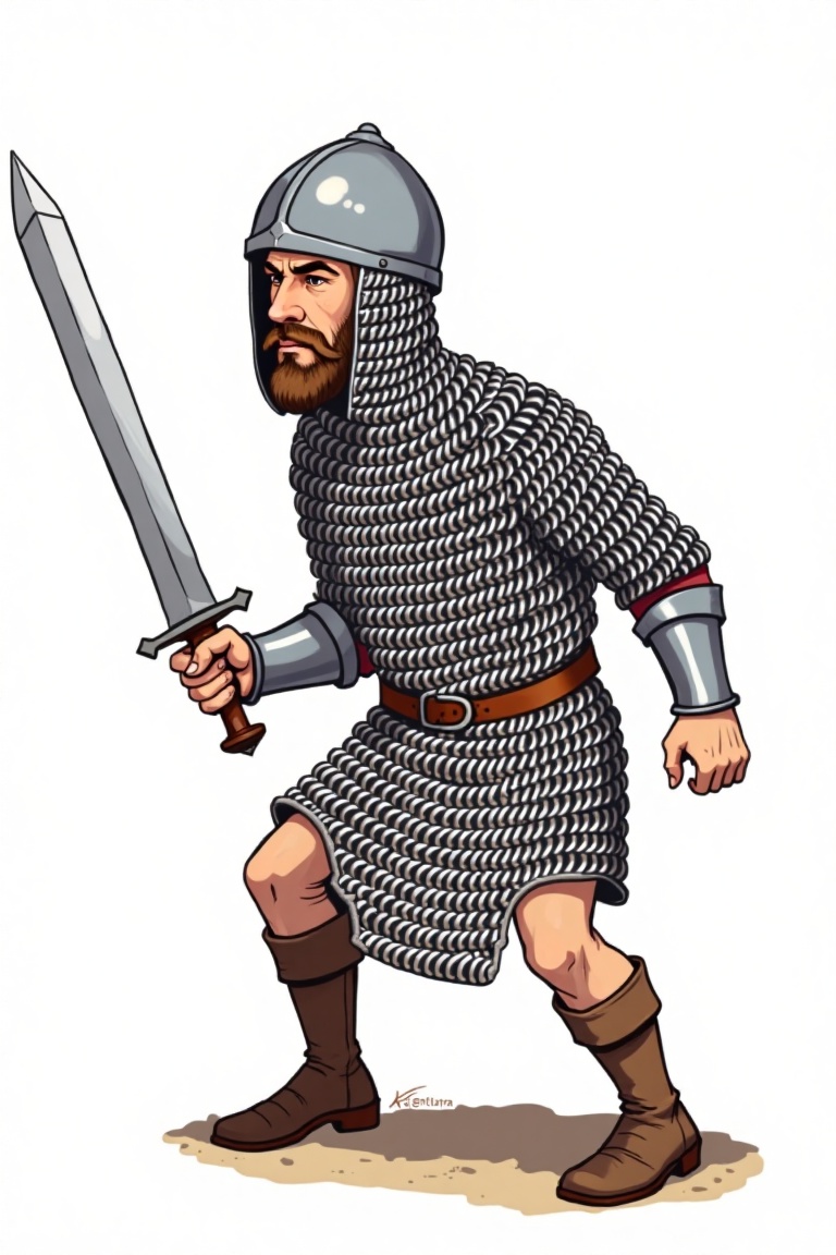 A cartoon-style character in a dynamic fighting pose,  without a weapon. He wears a chainmail coif and a Norman helm. The...
