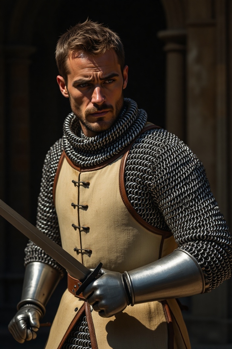 A DFStyleFlux man in a dynamic fighting pose,  wearing a gambeson vest over chainmail armor. The scene is framed mid-shot,...