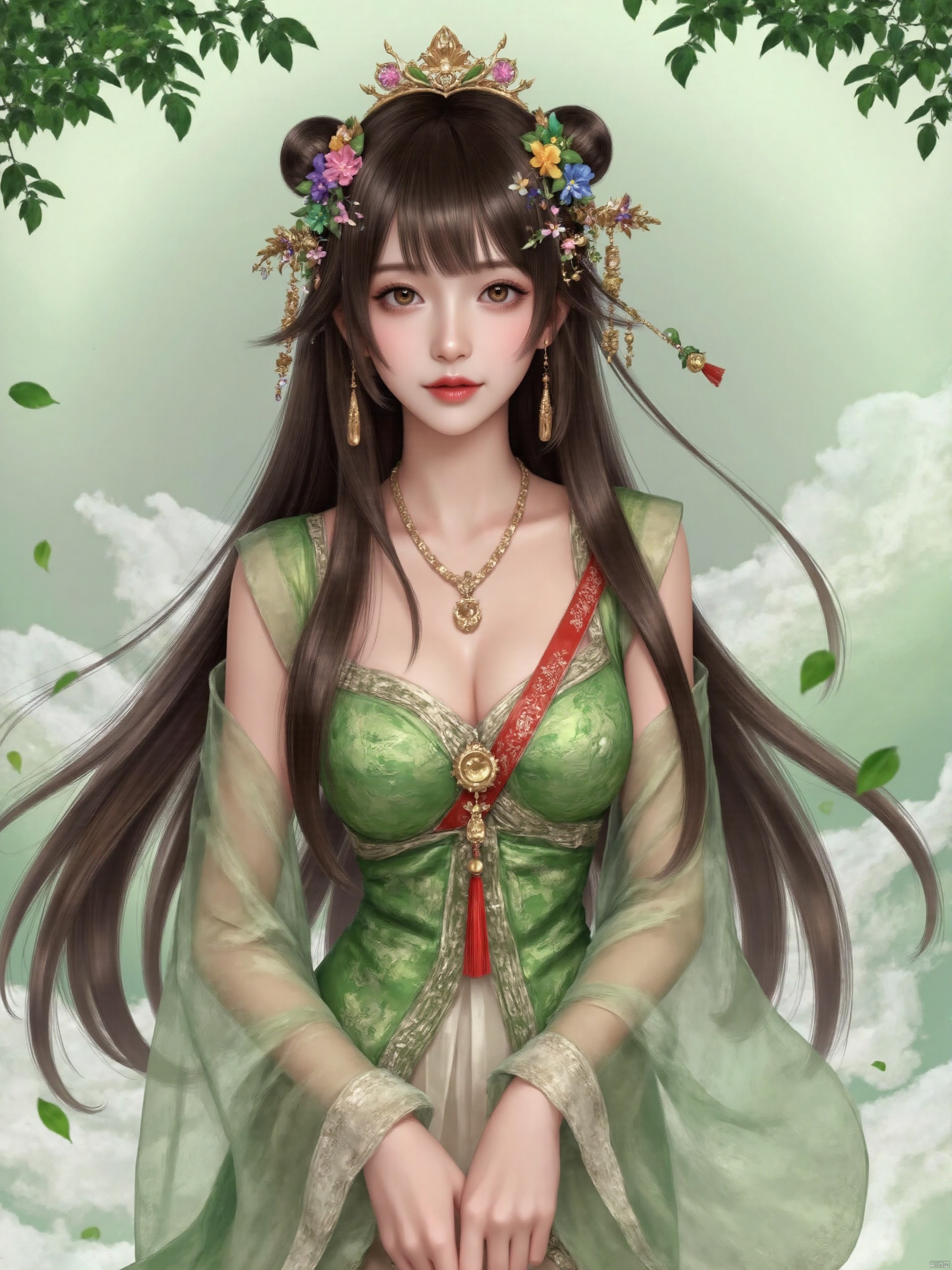 1girl, solo, long hair, breasts, looking at viewer, brown hair, hair ornament, dress, holding, cleavage, bare shoulders, brown eyes, jewelry, medium breasts, very long hair, flower, earrings, hair flower, wide sleeves, necklace, sash, chinese clothes, tassel, green dress,She is wearing a green dress with a red top and a green skirt.  Her hair is blowing in the wind.    Her crown is adorned with colorful flowers.    There are green leaves on the right and left side of the image.    There is a green background behind the woman.,Chinese style- girl 