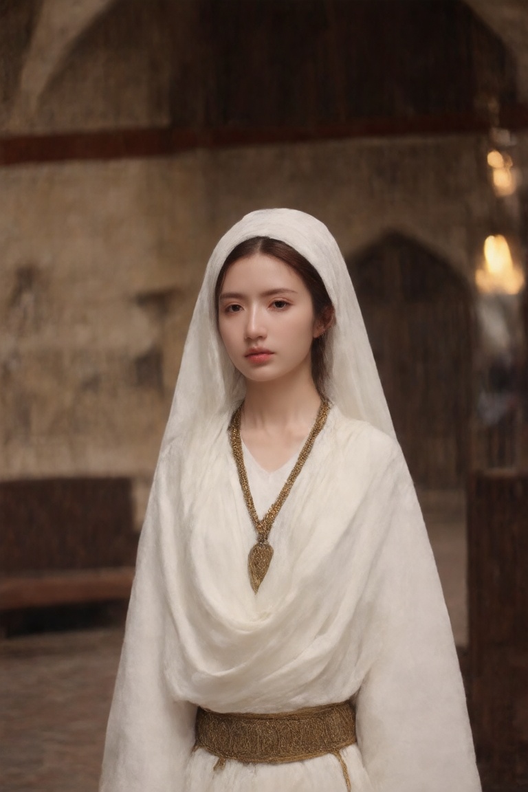 A Byzantine style girl in monastery,  white head-cloths and veils. , on Tensor.Art