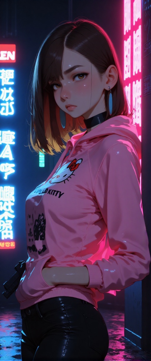 cinematic nighttime scene of an intense emo_jbx young woman with standing in a neon-lit urban alleyway; she has long,  lay...