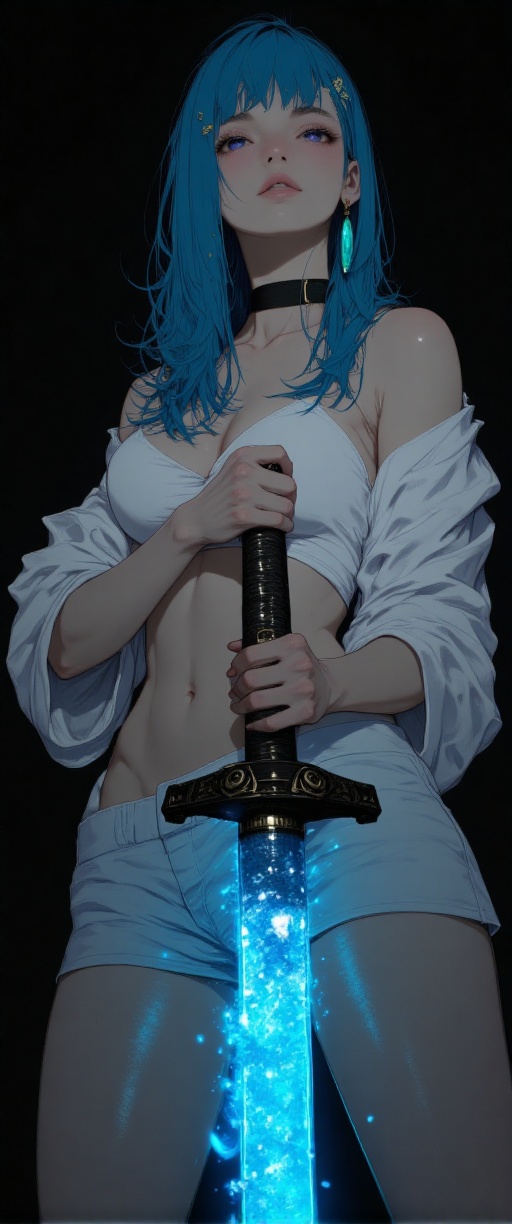 A majestic warrior stands tall against a dark backdrop,  her striking blue,  wavy hair cascading down her back like a wate...