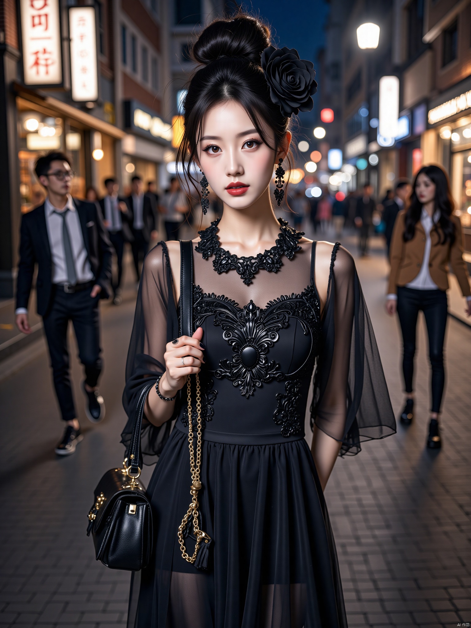 dress, 1girl, jewelry, earrings, black dress, hair ornament, black hair, necklace, blurry, bag, flower, realistic, looking at viewer, outdoors, black flower, red lips, solo focus, blurry background, hair bun, handbag, hair flower, night, holding bag, bracelet, depth of field, street, people, black nails, lipstick, black rose, holding, black eyes