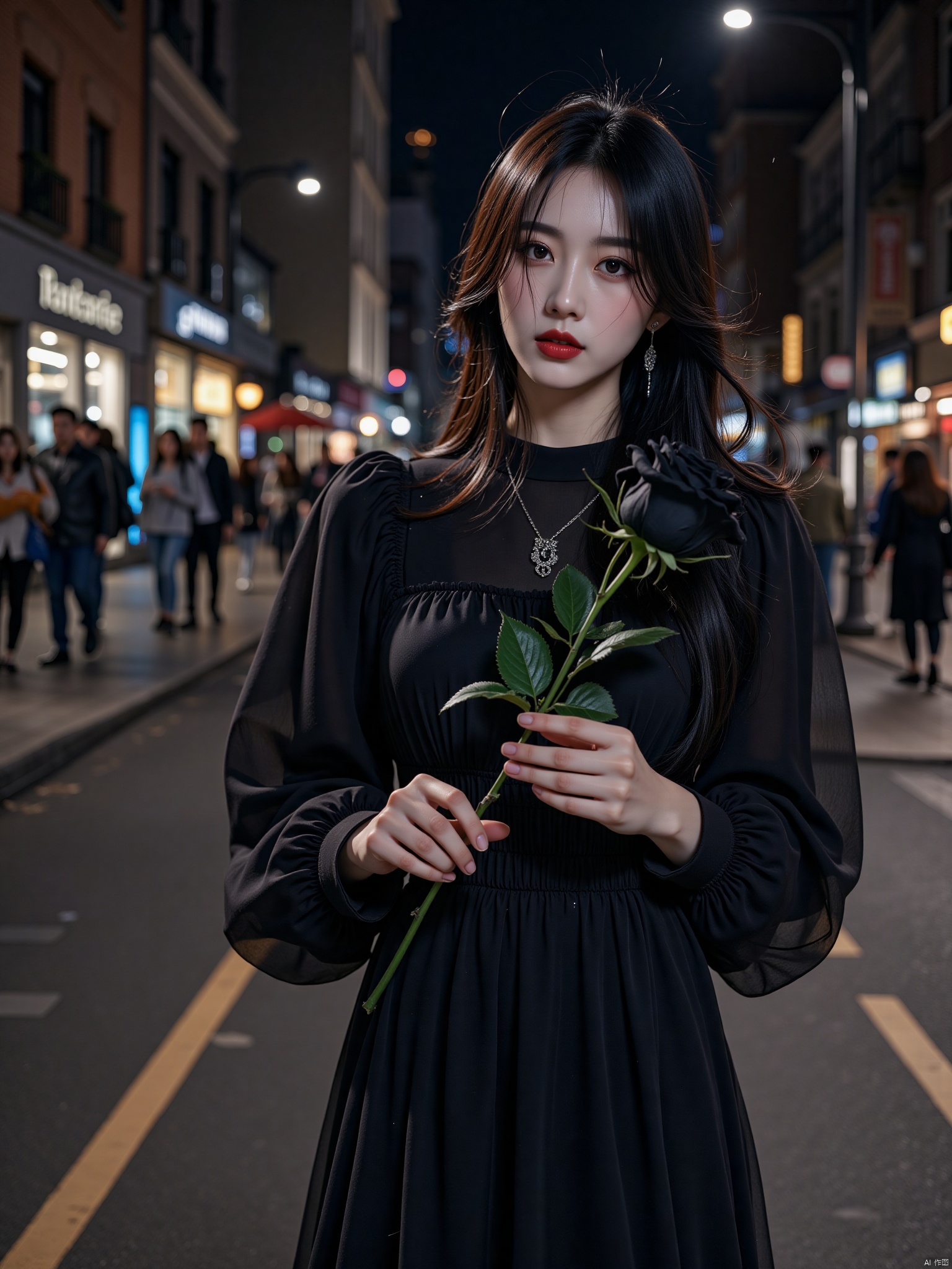 1girl, black hair, dress, black flower, flower, solo, long hair, black rose, black dress, rose, blurry, holding, blurry background, holding flower, outdoors, night, red lips, jewelry, mole, long sleeves, street, makeup, human_lips