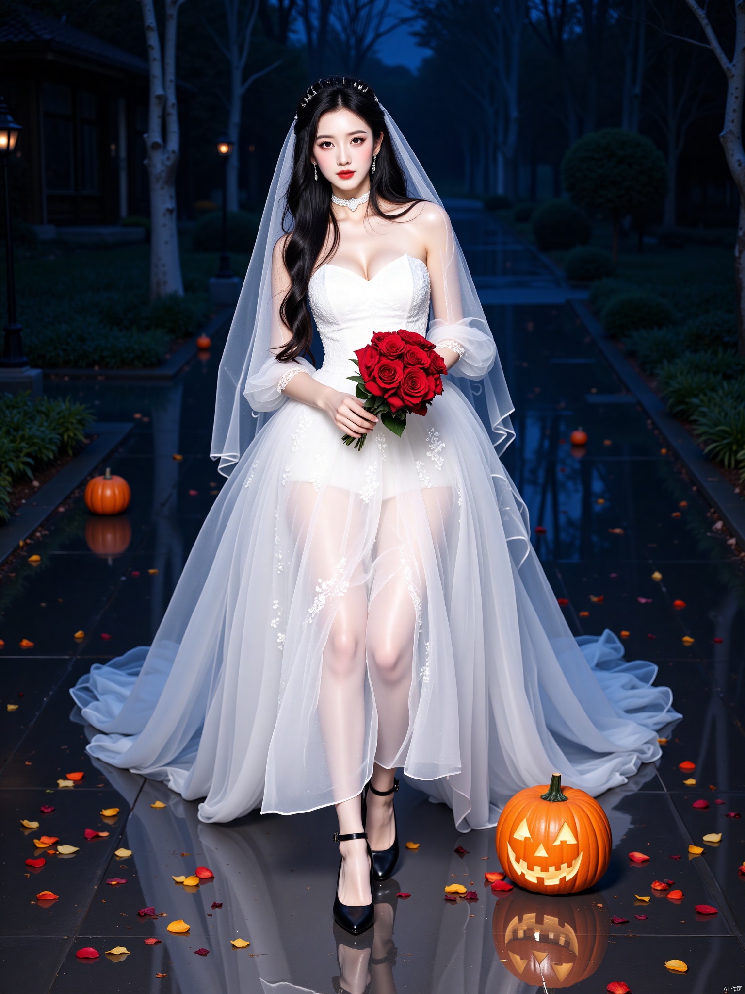 1girl, flower, solo, dress, holding, bouquet, long hair, black hair, looking at viewer, night, see-through, outdoors, reflection, black footwear, white dress, standing, jack-o'-lantern, wedding dress, rose, holding bouquet, blurry, full body, blurry background, water, shoes, tree, veil, walking, petals, reflective water, realistic, choker, halloween, white choker, lips, pumpkin, jewelry, red lips, bridal veil